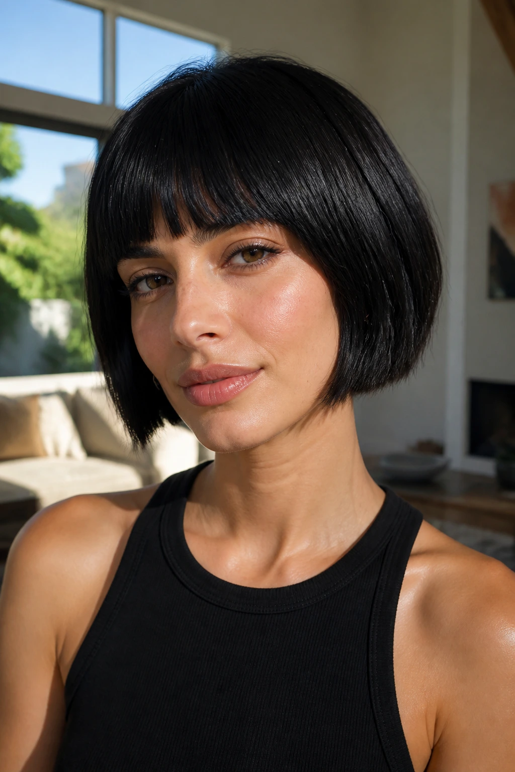 Close-up of real woman with soft black blunt crop and crisp edges