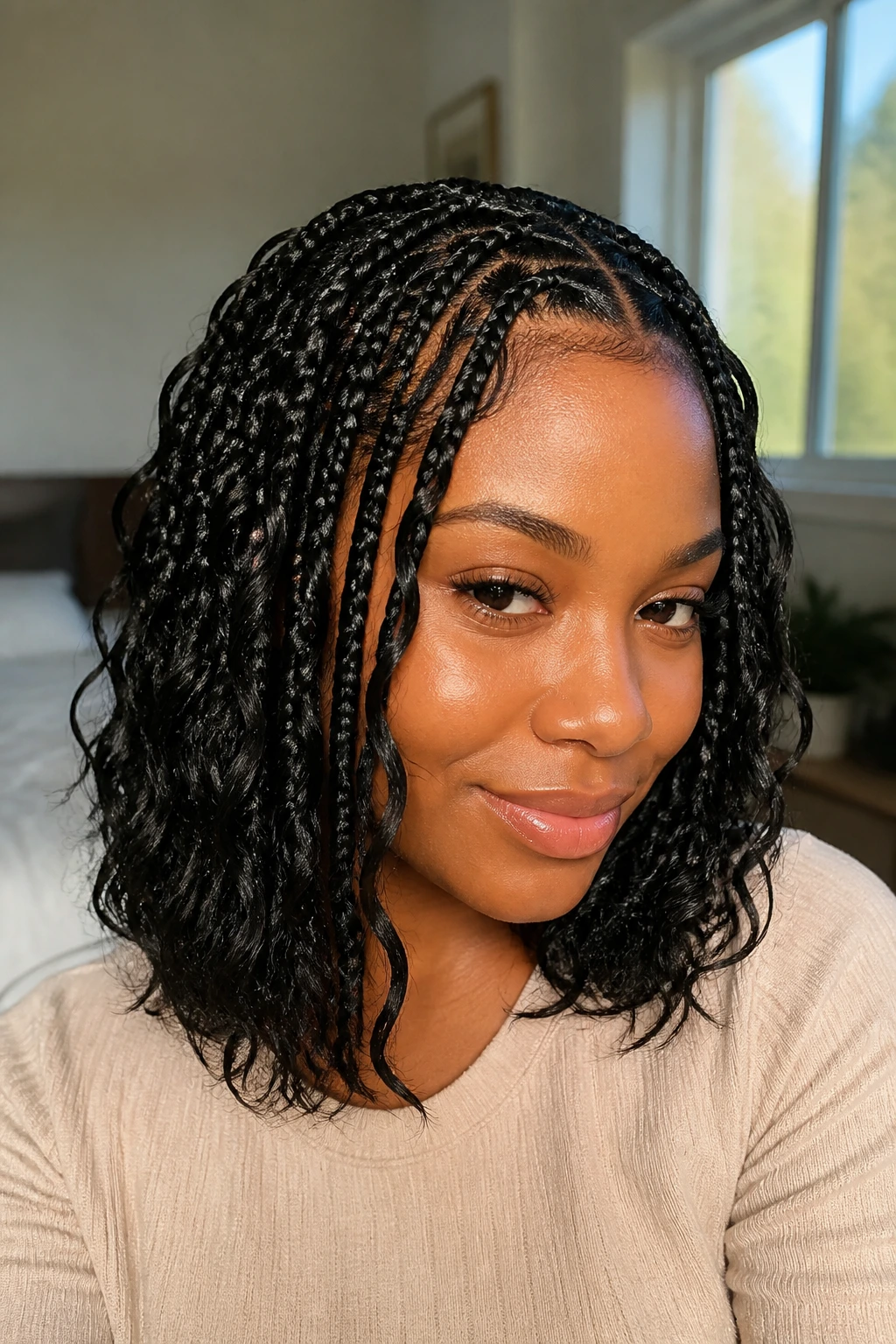 Close-up of a real person with shoulder-length soft-black braids showing crisp pattern