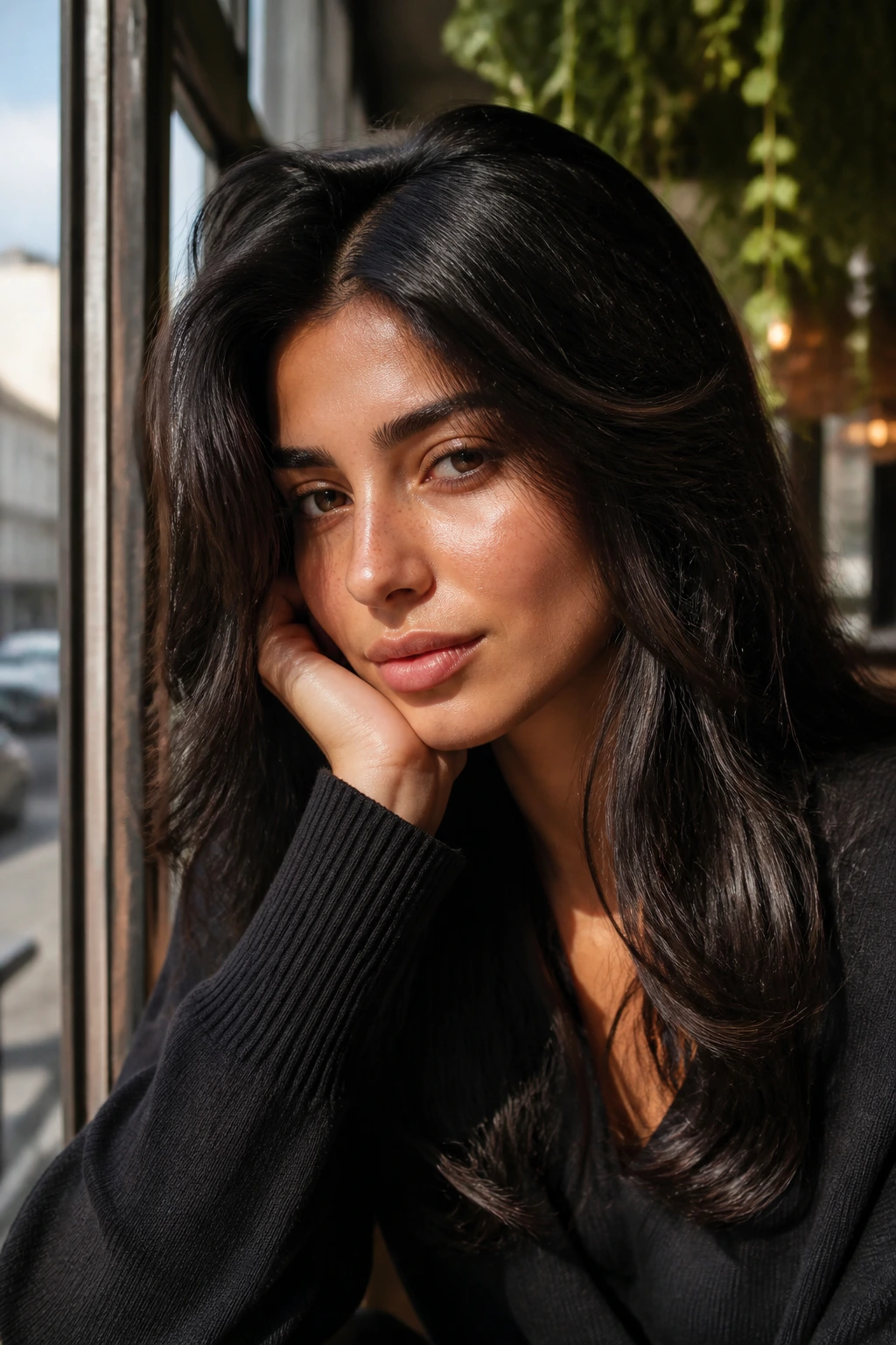 Close-up portrait showing soft black-brown hair with glossy shine in cafe lighting.