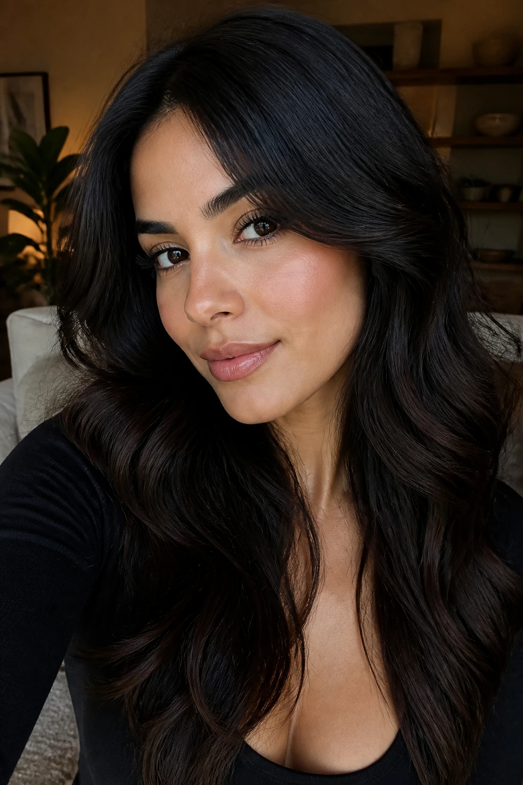 Portrait of olive-skinned person with soft black hair and espresso lowlights under warm light