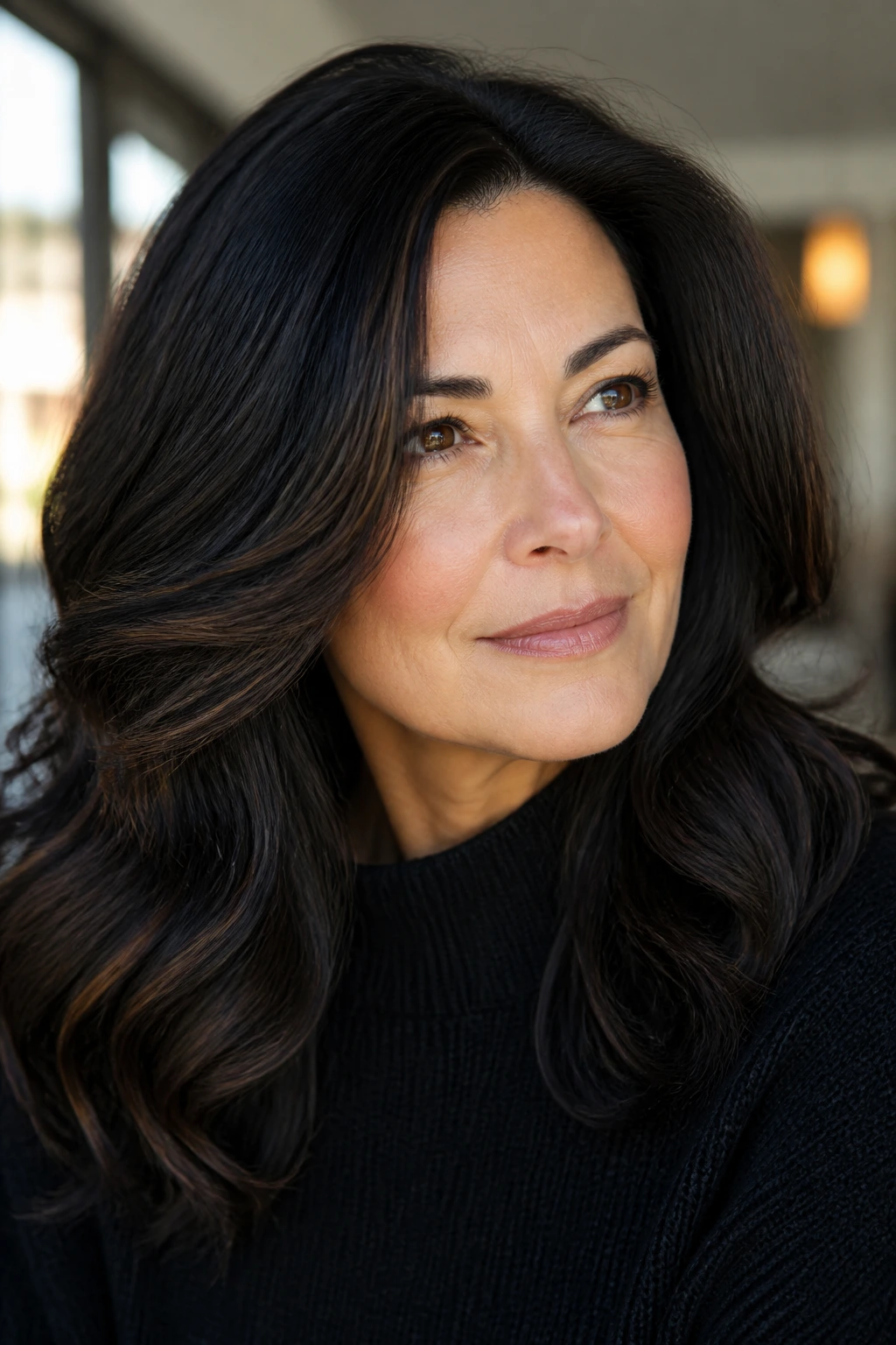 Real woman with soft black hair and walnut lowlights