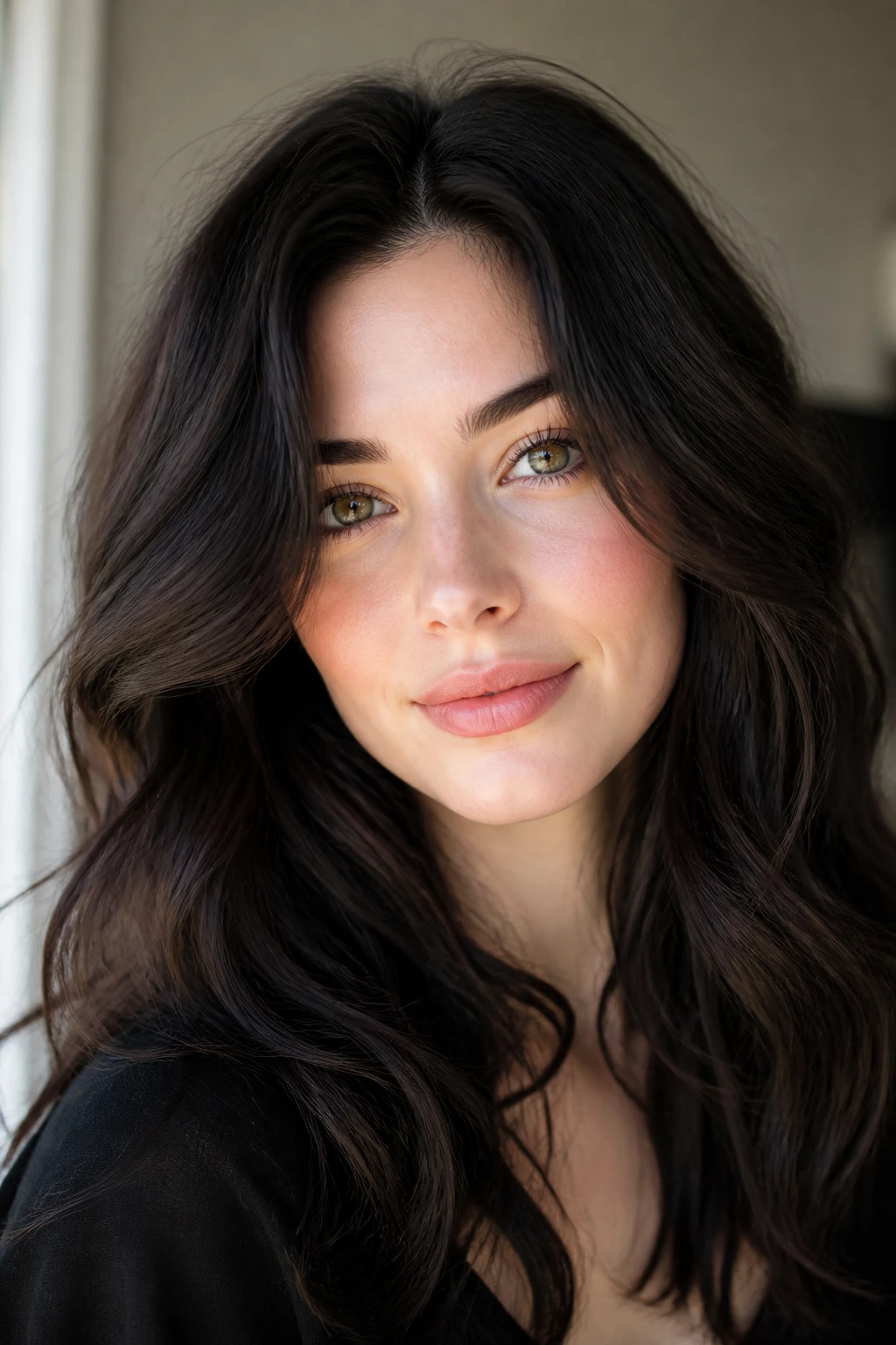 Close-up portrait of a real woman with fair skin showing glossy black hair with warm sheen