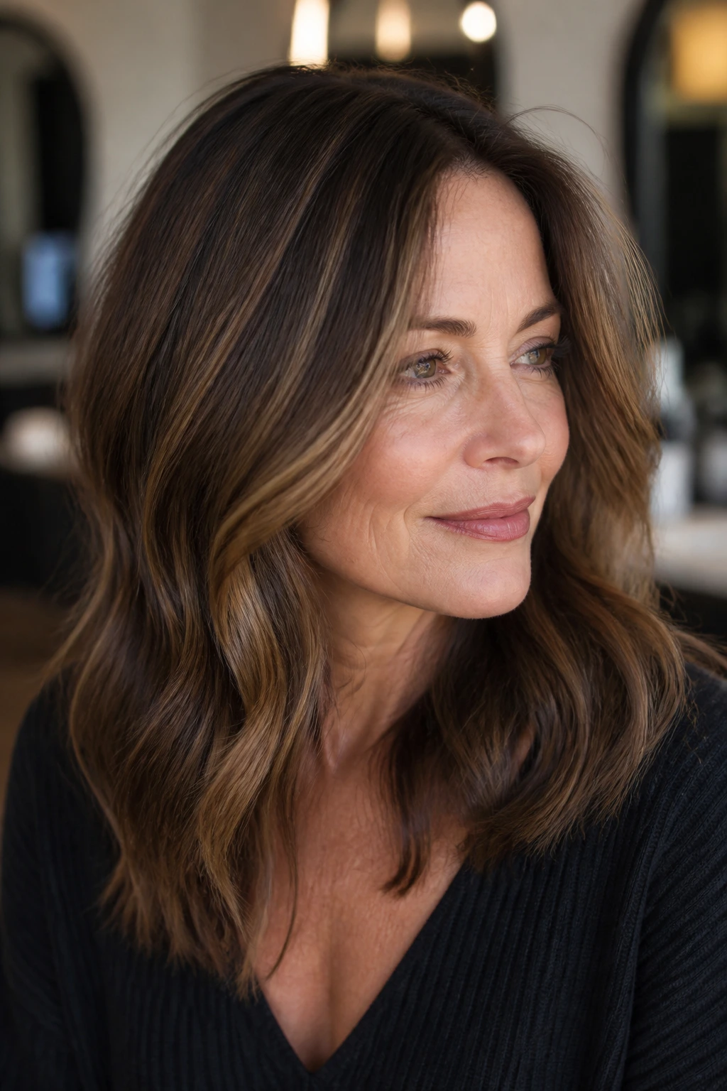 Close-up of a real woman's hair with softly blended brown highlights