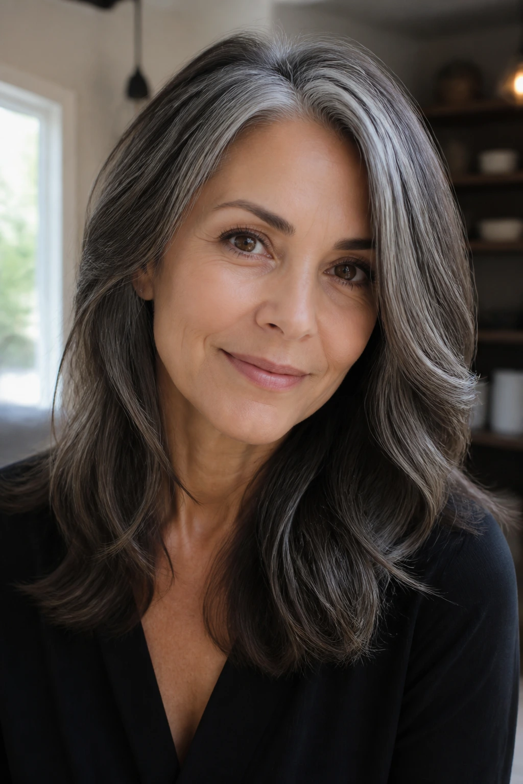 Portrait of a real person with a soft-blend gray hairstyle.