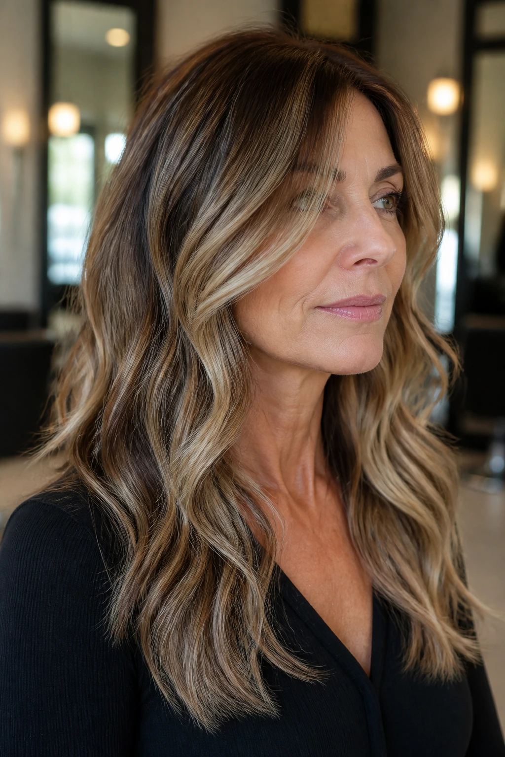 Close-up of a real woman's long wavy hair with softly blended ends.