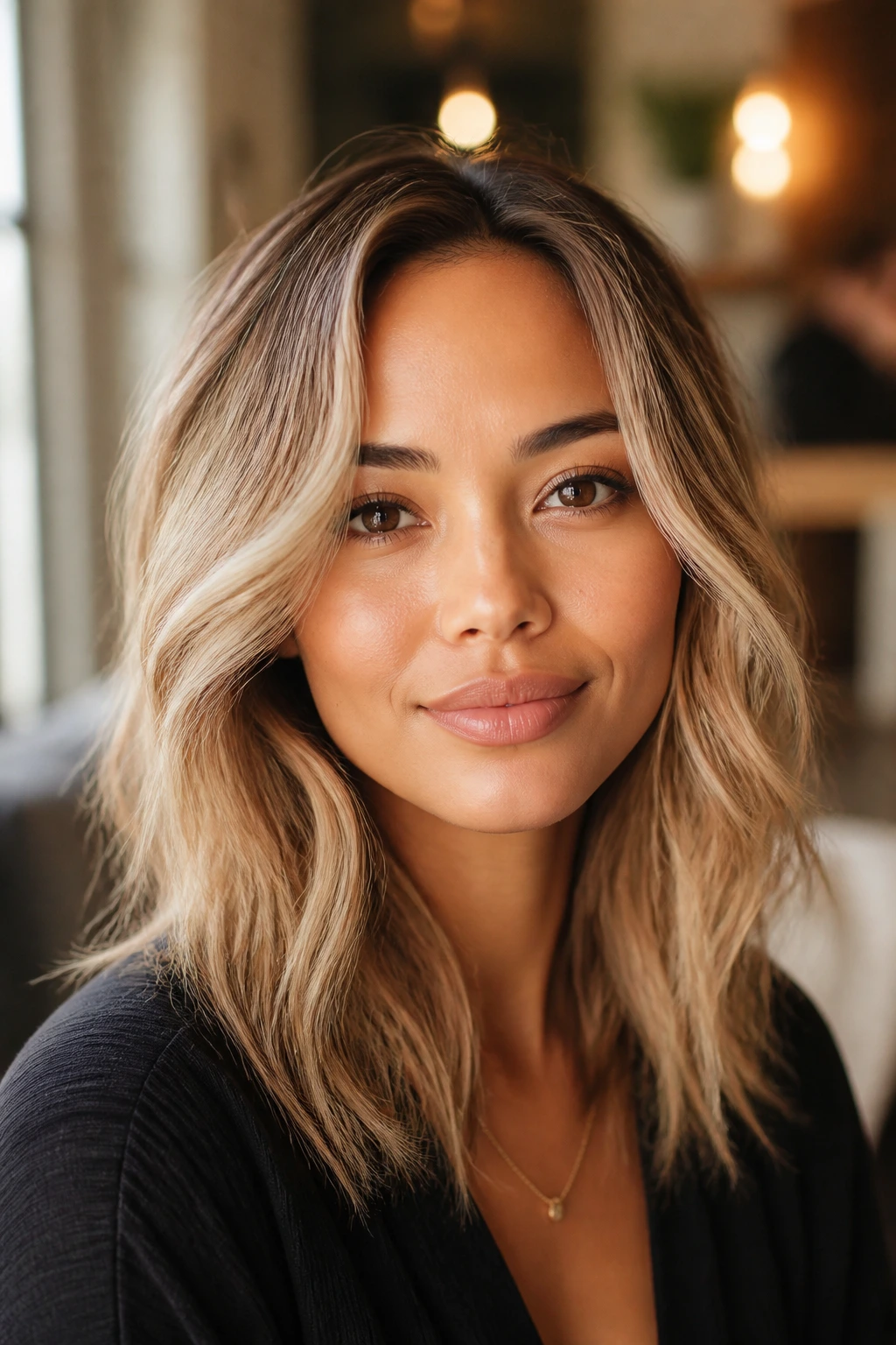 Close-up portrait of a real woman with soft beige-champagne blonde framing the face on medium skin tones in warm light