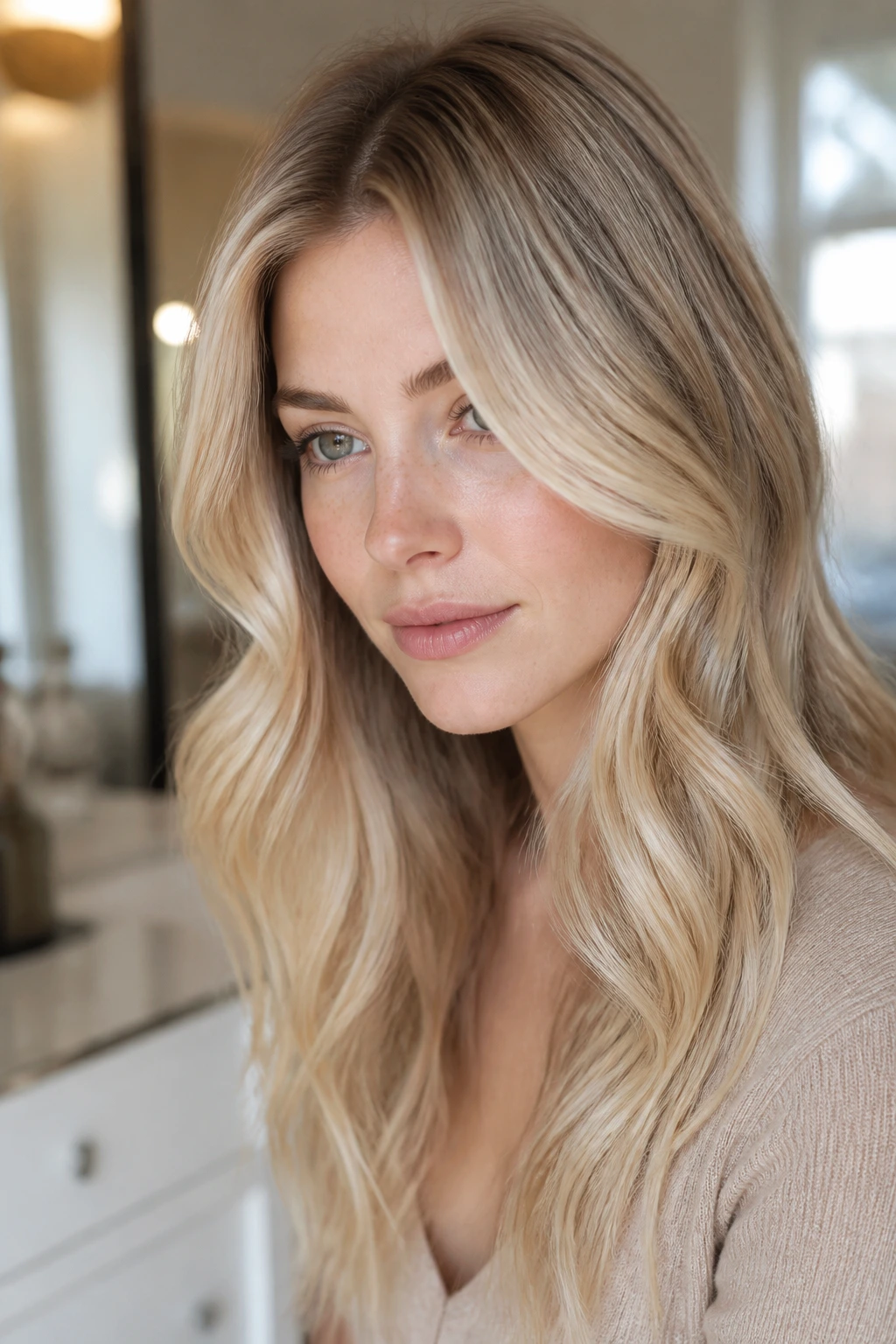 Portrait of a woman with multi-tone blonde hair on fair skin