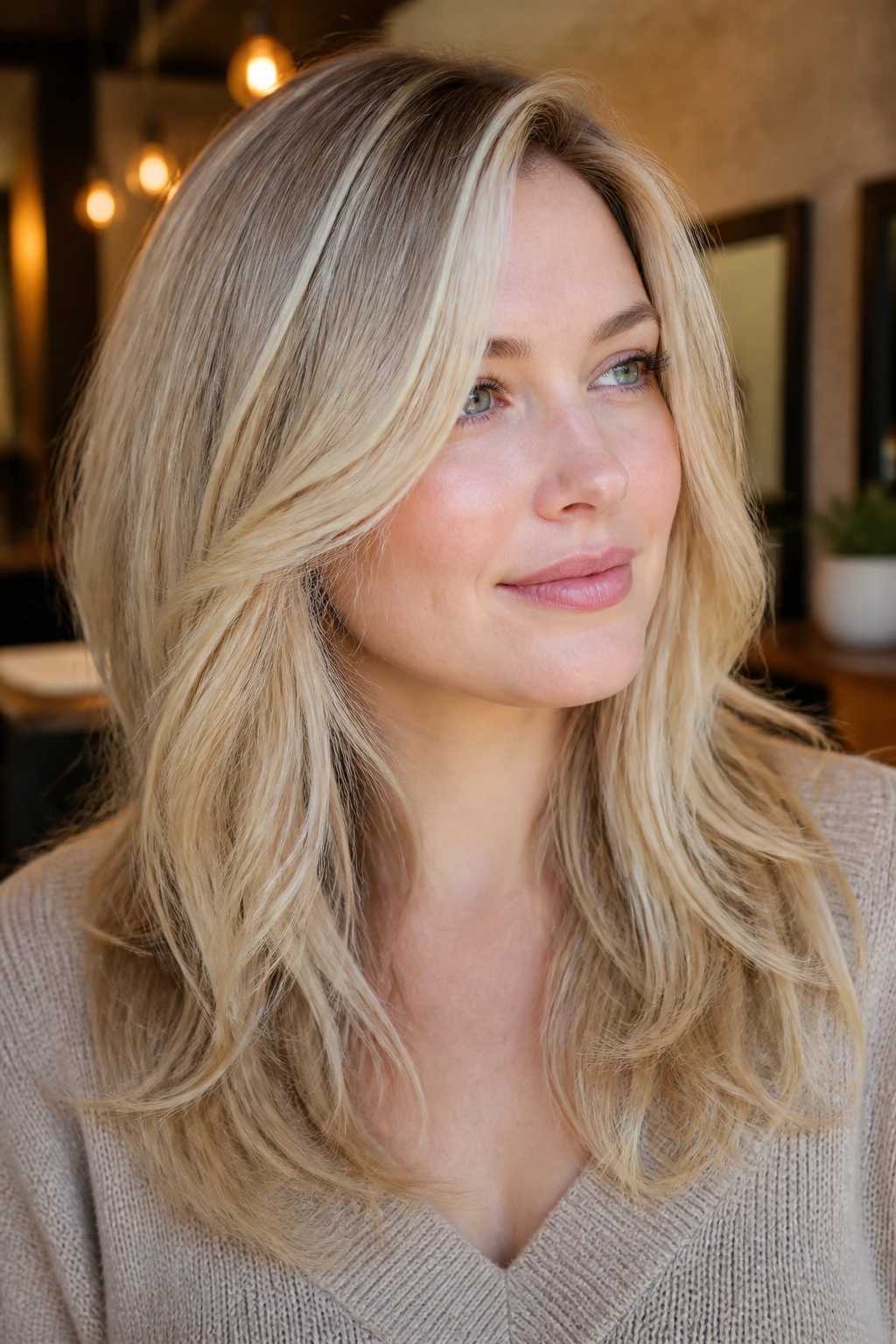 Close-up of a real woman with soft blonde hair and cheekbone face-framing layers