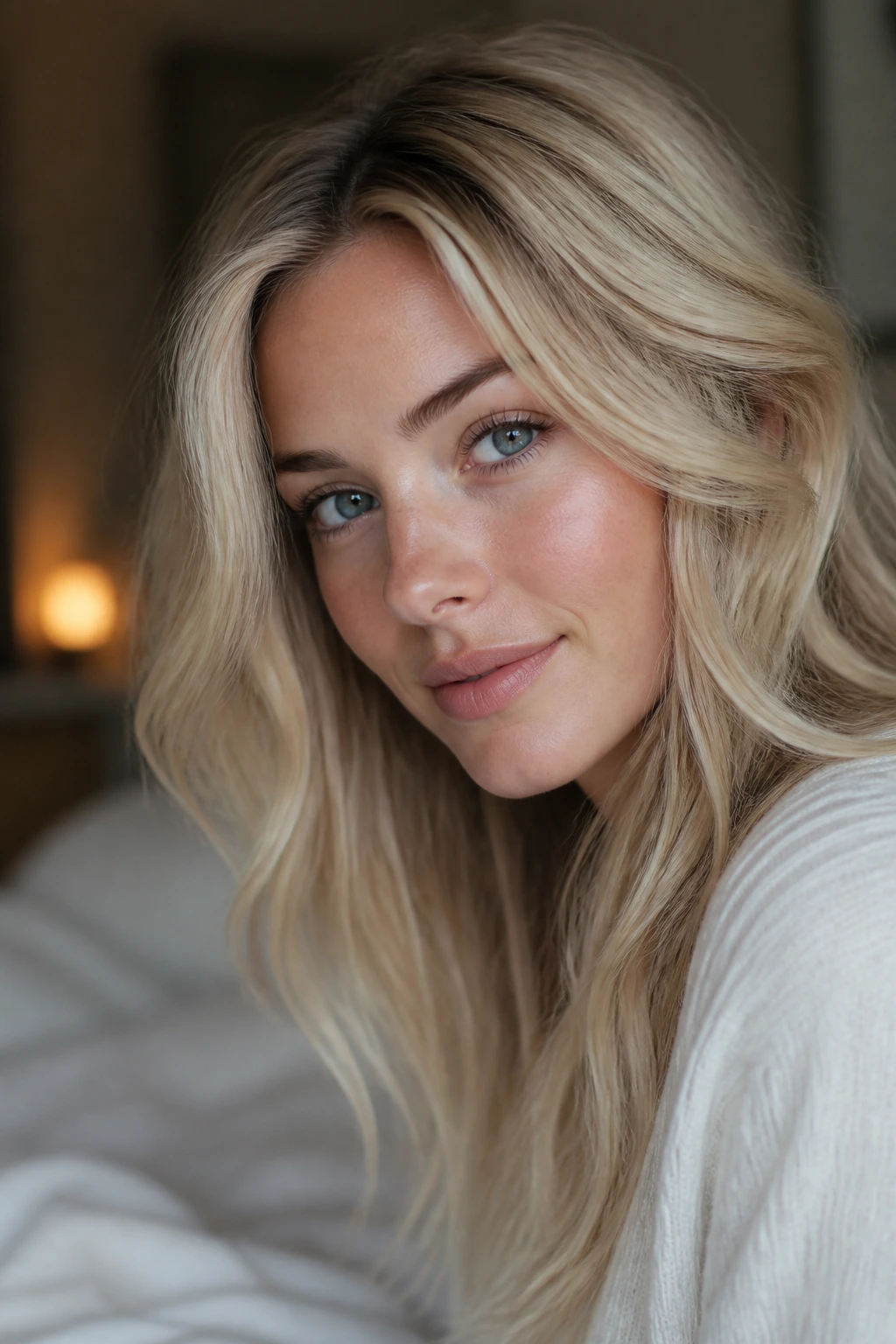 Close-up portrait of a real woman with softer blonde hair showing root depth and gentle toner