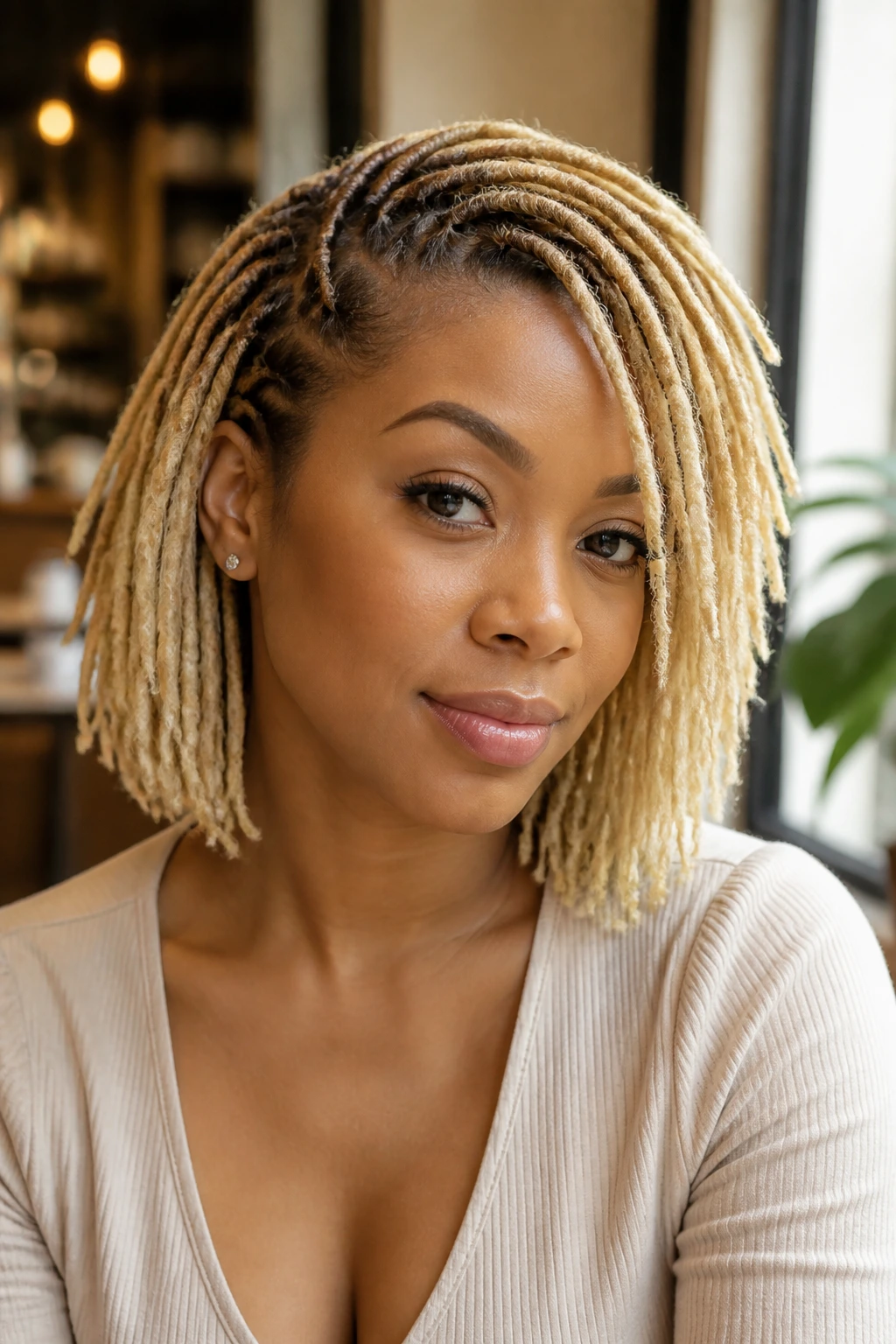 Close-up portrait of a woman with shoulder-length blonde loc bob in a warm setting