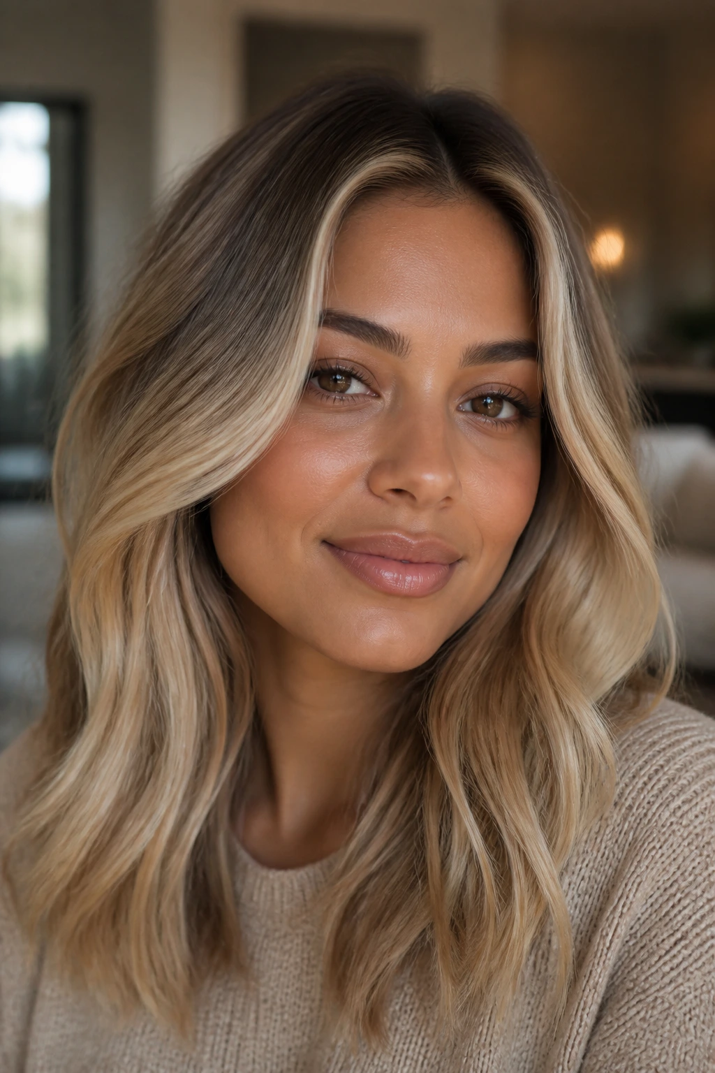 Close-up portrait of a real woman with medium skin and soft blonde hair, showing root shadow and face-framing color.