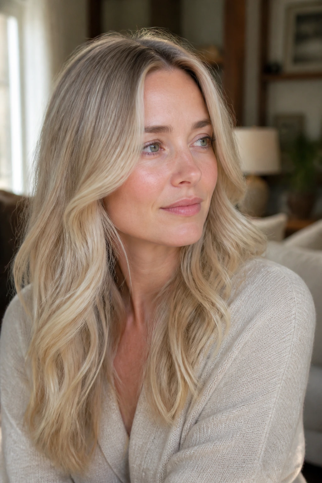 Portrait of pale-skinned woman with soft blonde finish and gentle waves.