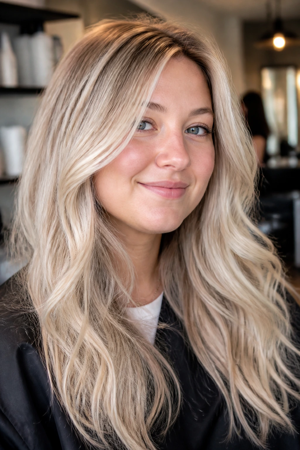 Close-up of a woman with beige-champagne blonde hair flattering fair skin and a round face.