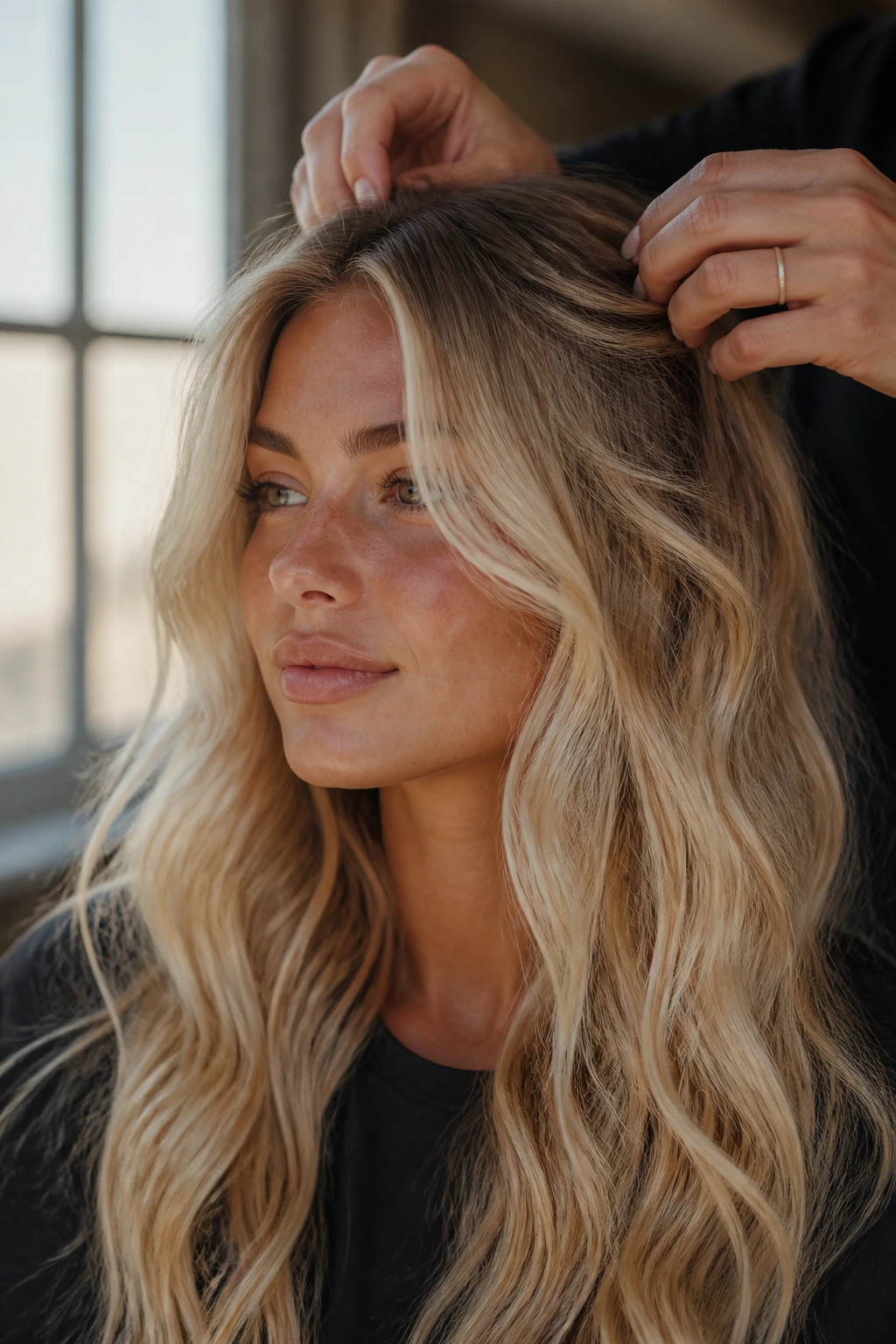 Close-up of a real woman's Nordic blonde waves with soft front pieces