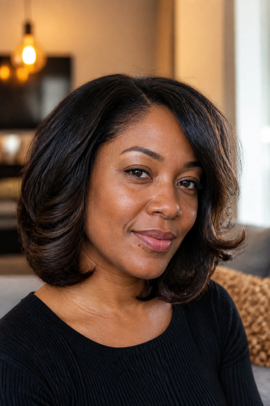 Close-up of woman with soft blowout bob and bends at the ends in warm room light