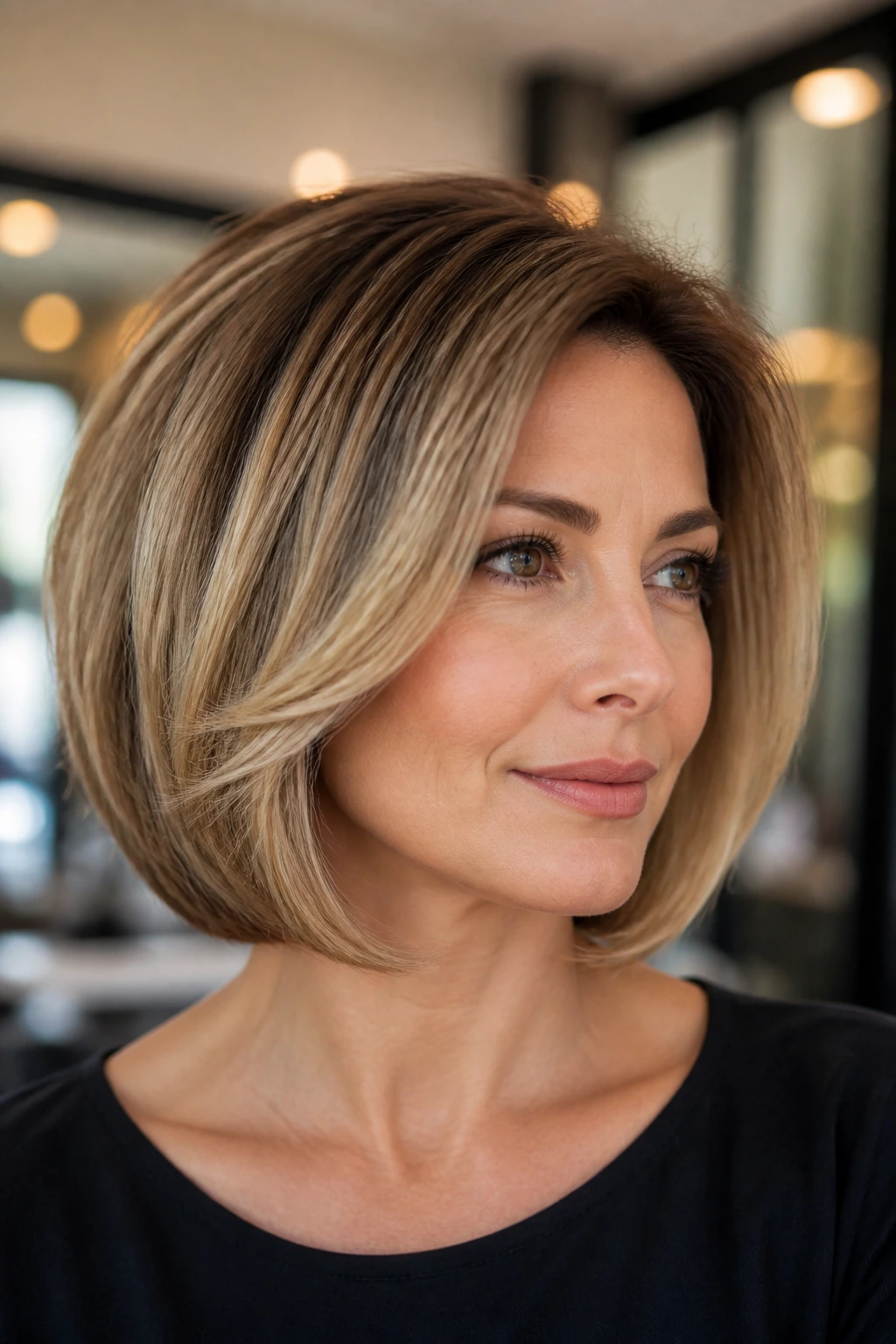 Close-up of a real woman with a soft blowout bob in a warm salon setting