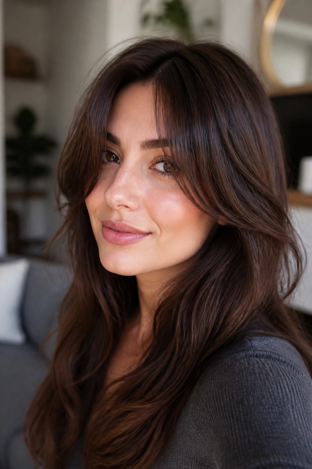 Close-up of a real woman with a soft blowout curtain bangs in window light