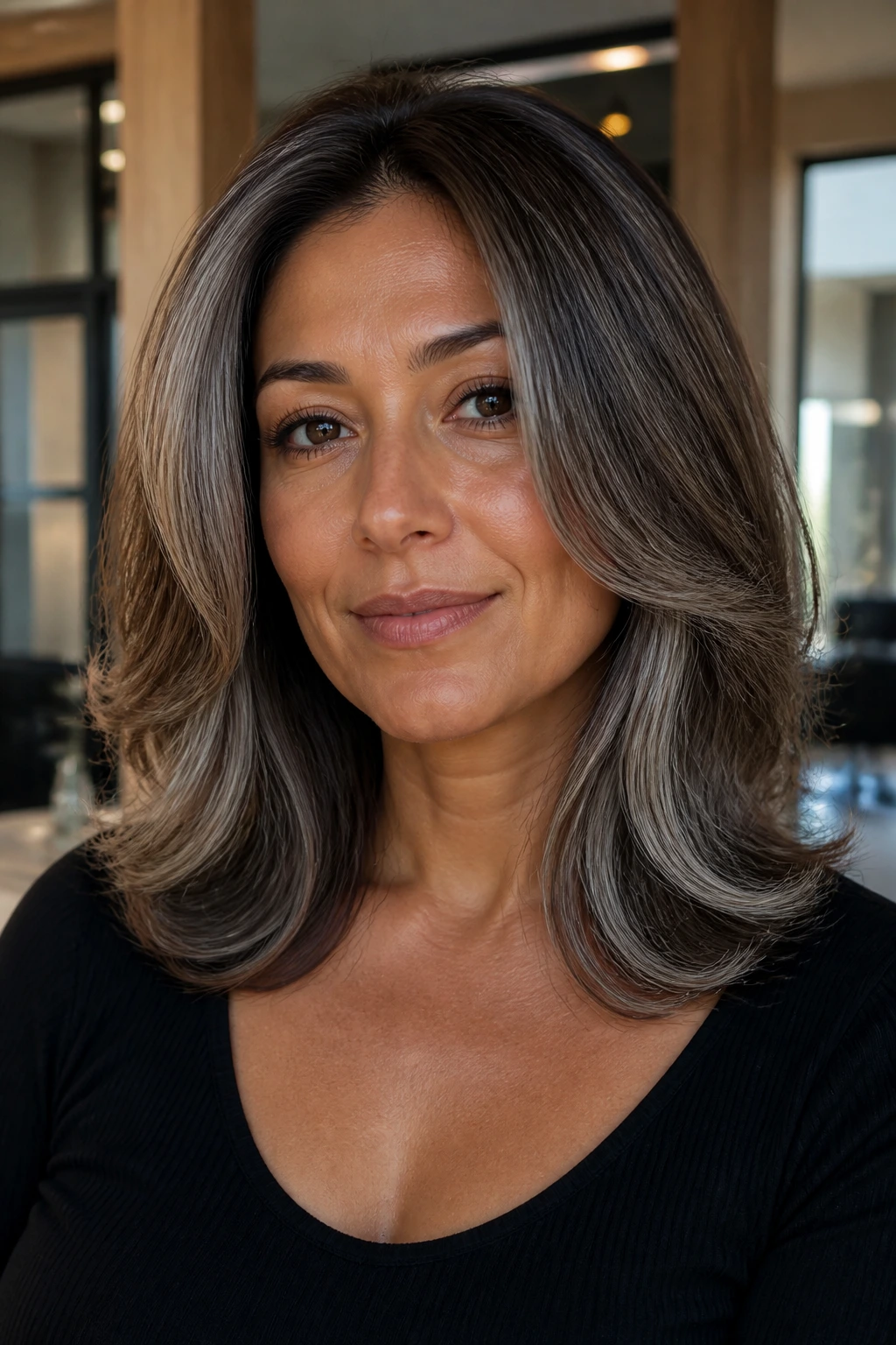 Close-up of a real woman showing a soft brown base with silver-vein hair in a soft blowout