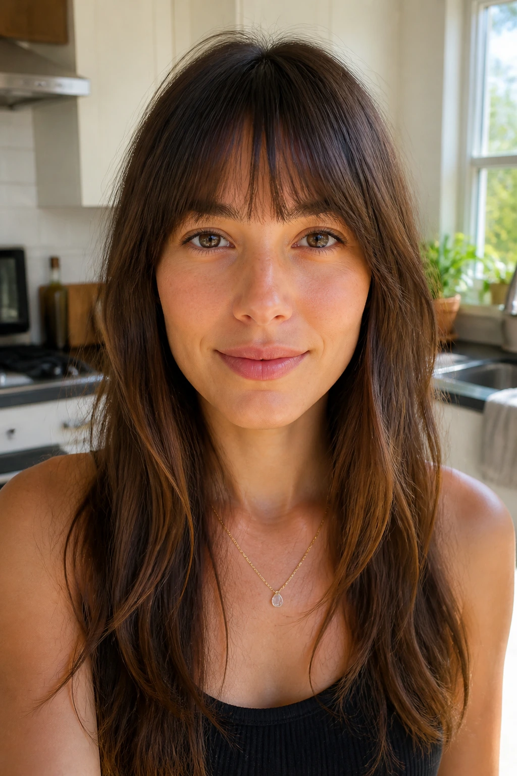 Portrait of a real person with soft blunt bangs in bright kitchen daylight