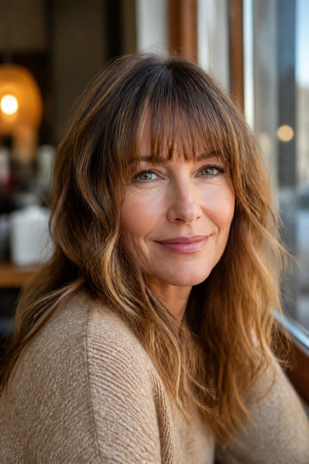 Close-up of a woman with textured blunt bangs in cafe light