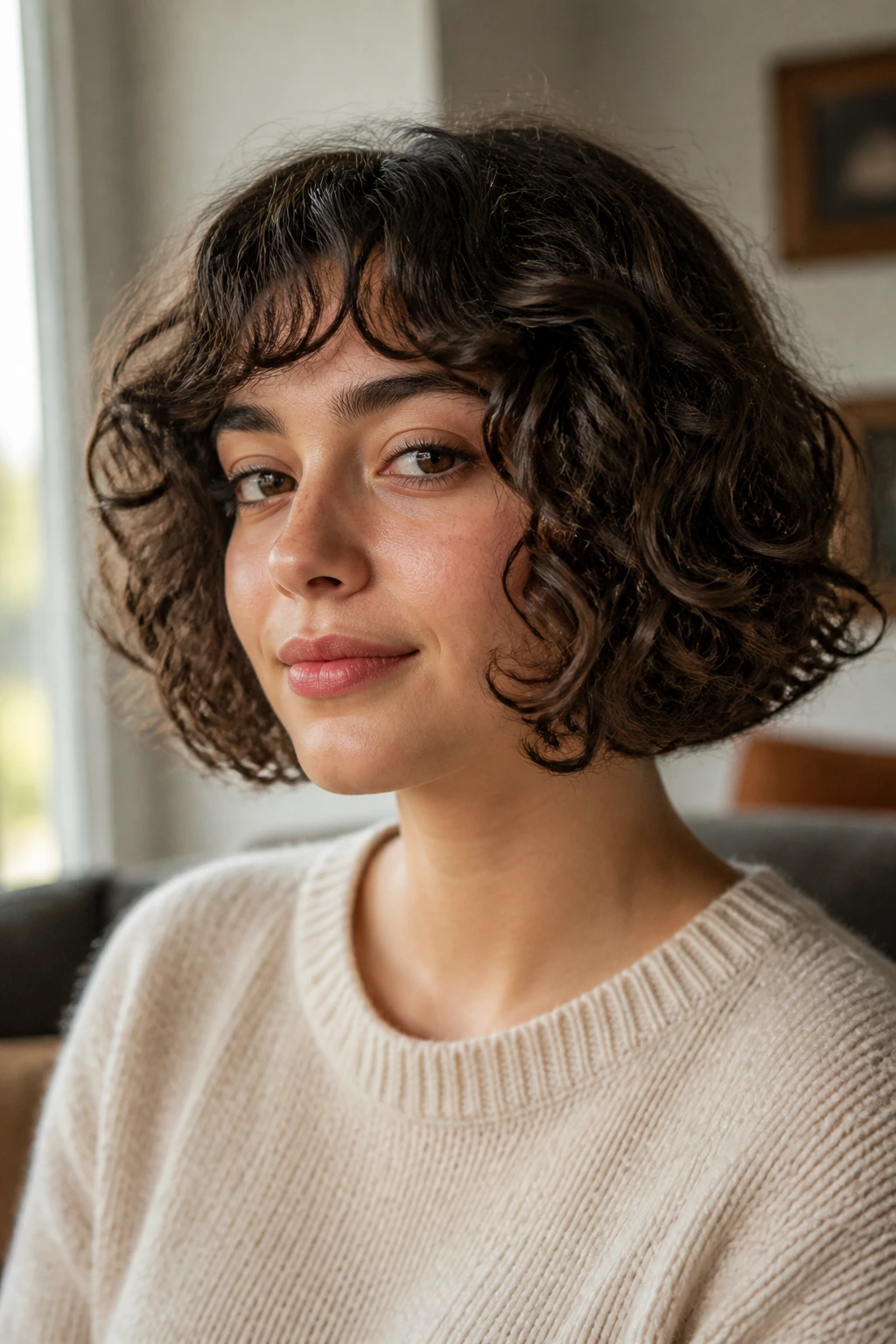 Real woman with soft-blunt bob under warm window light.