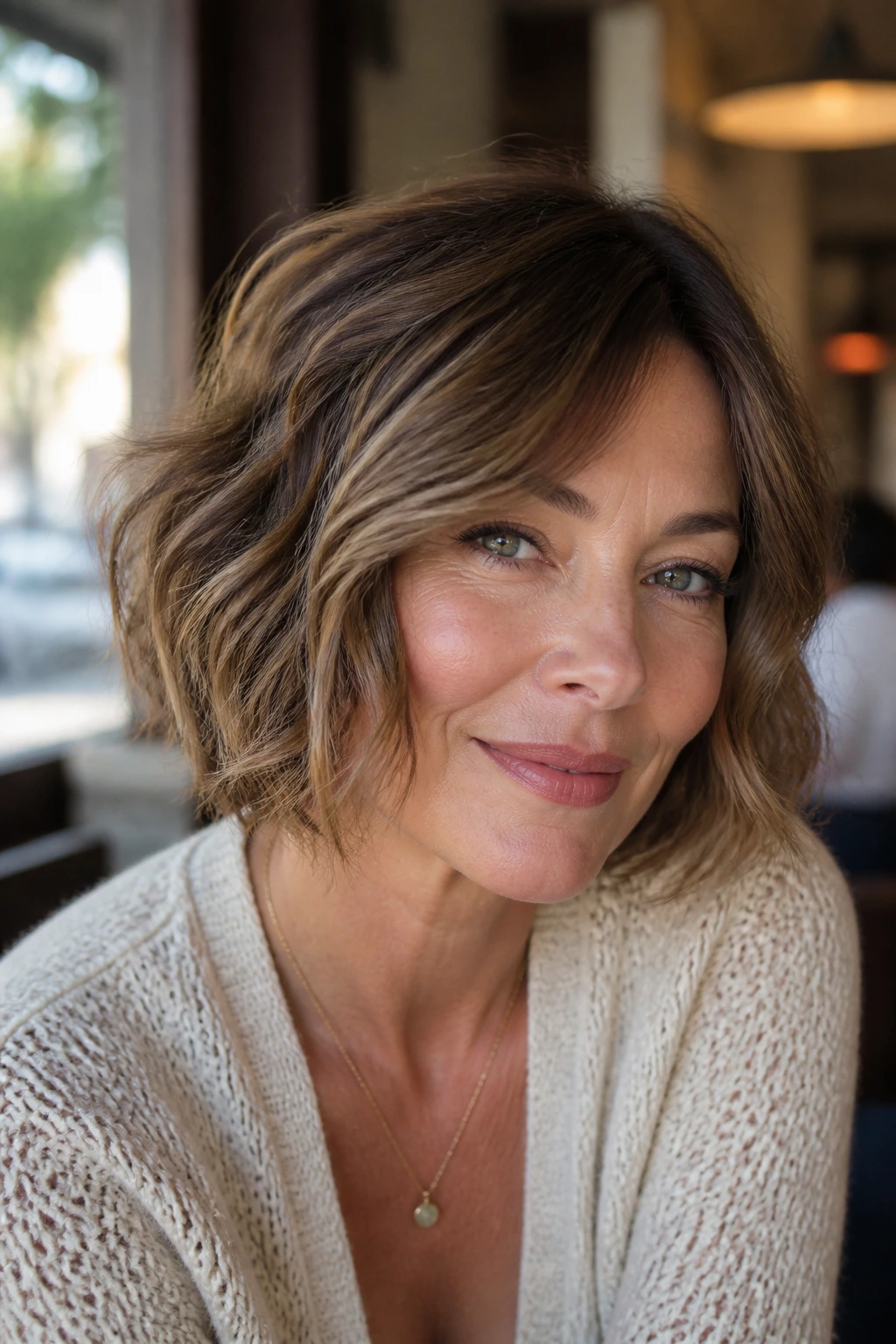 Close-up portrait of a woman with a soft-blunt bob and surface layers in warm daylight