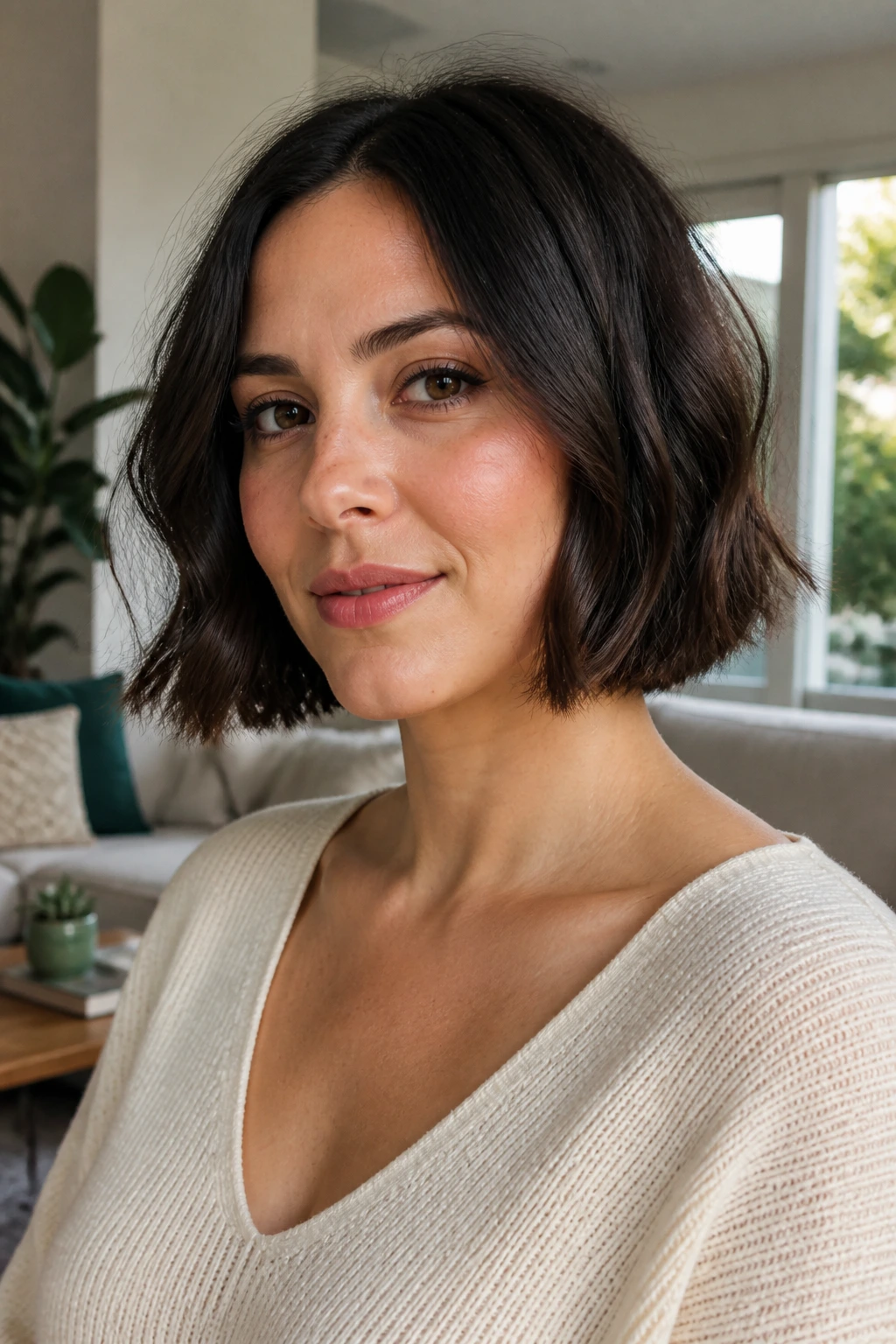 Close-up of a woman with a soft blunt bob under natural lighting