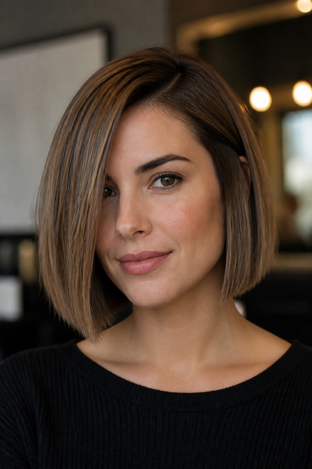Portrait of a real woman with a soft blunt chin bob and side part