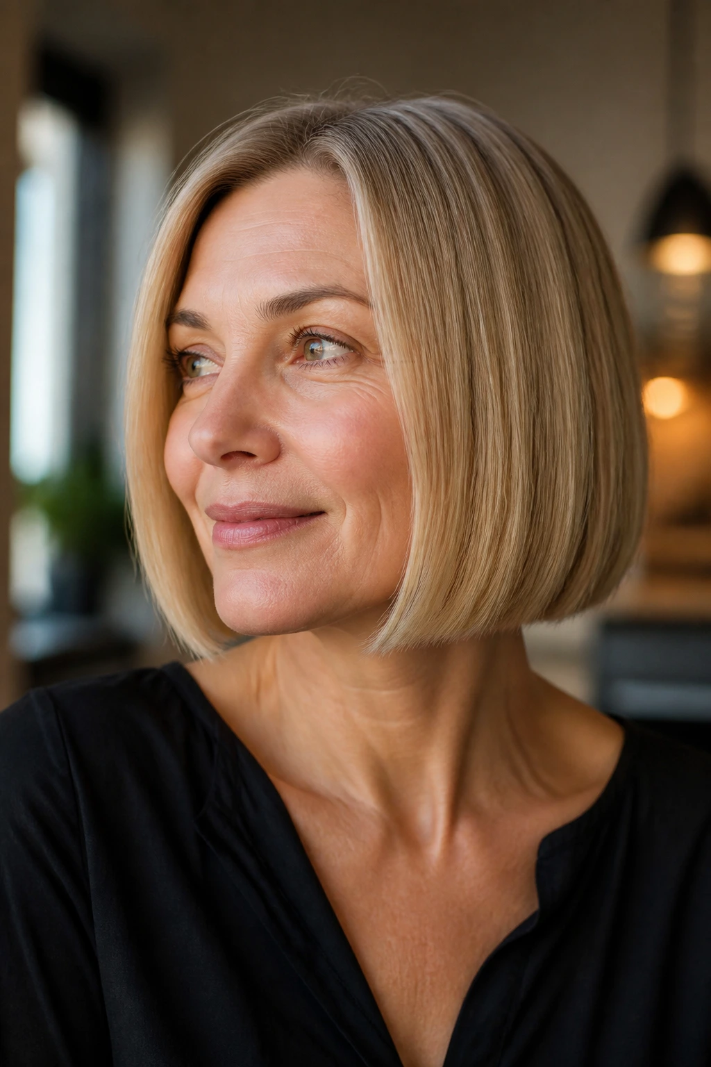 Close-up of a real woman with soft blunt chin-length bob showing clean ends