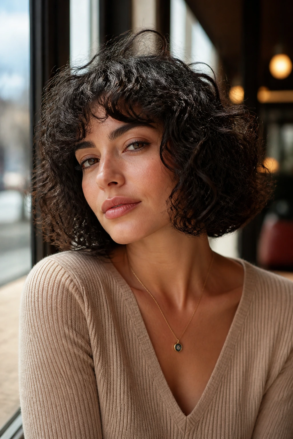 Close-up portrait of a real woman with a soft blunt curly bob and crown lift in sunlit cafe
