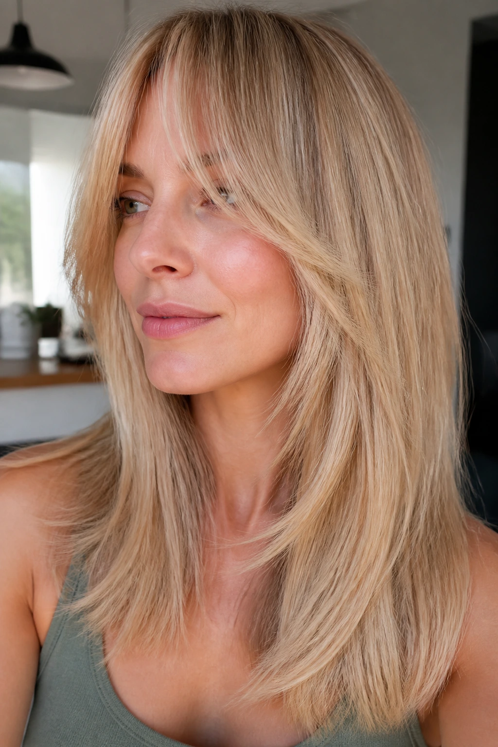 Close-up of a woman with soft-blunt ends and peekaboo fringe in a home setting