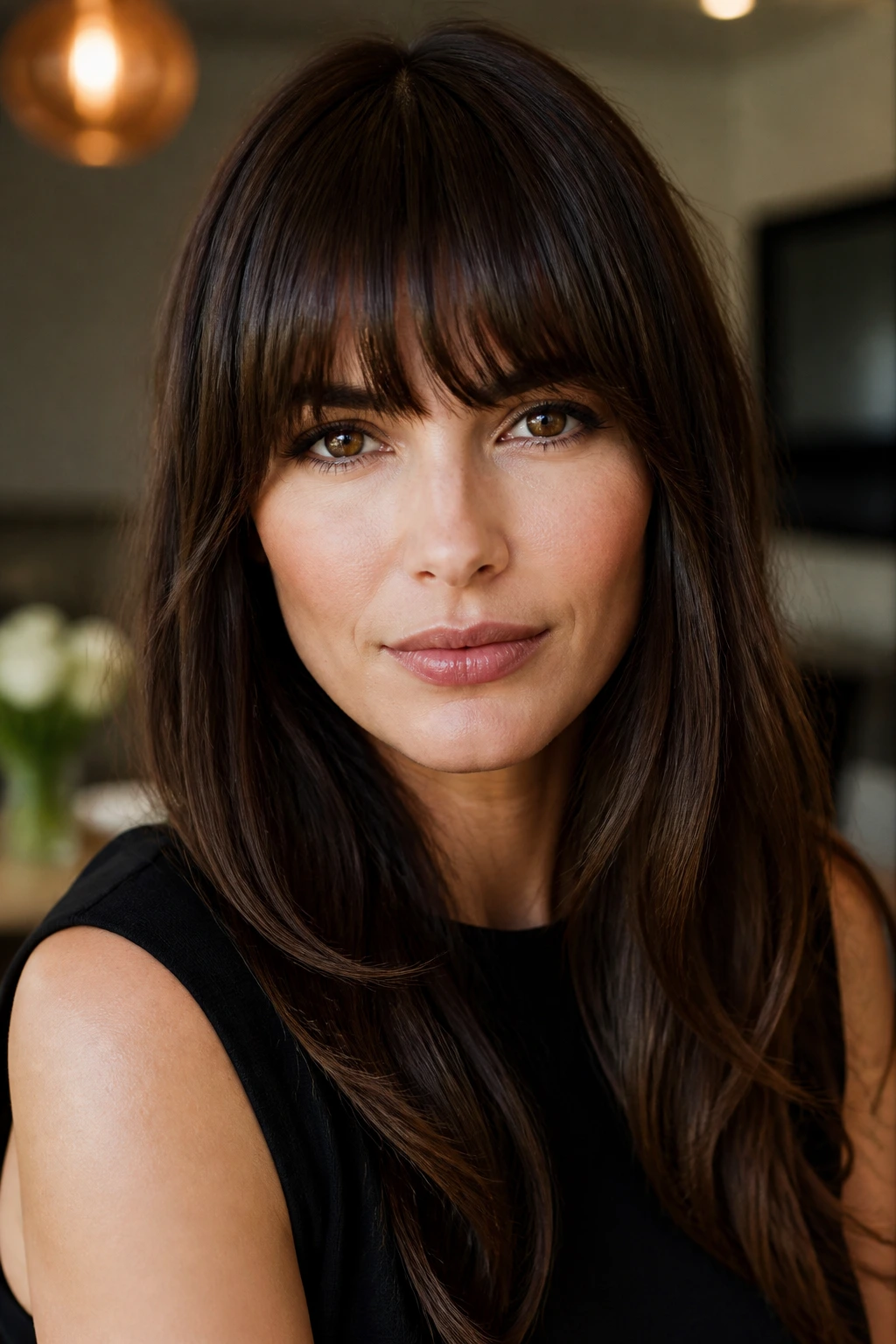 Close-up portrait of a person with a soft blunt fringe and tapered ends