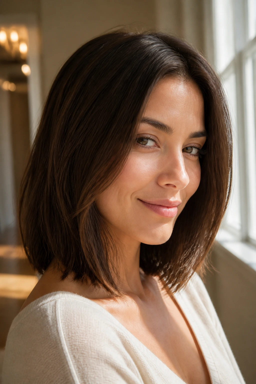 Portrait of a woman with a soft blunt lob showing hidden internal layers