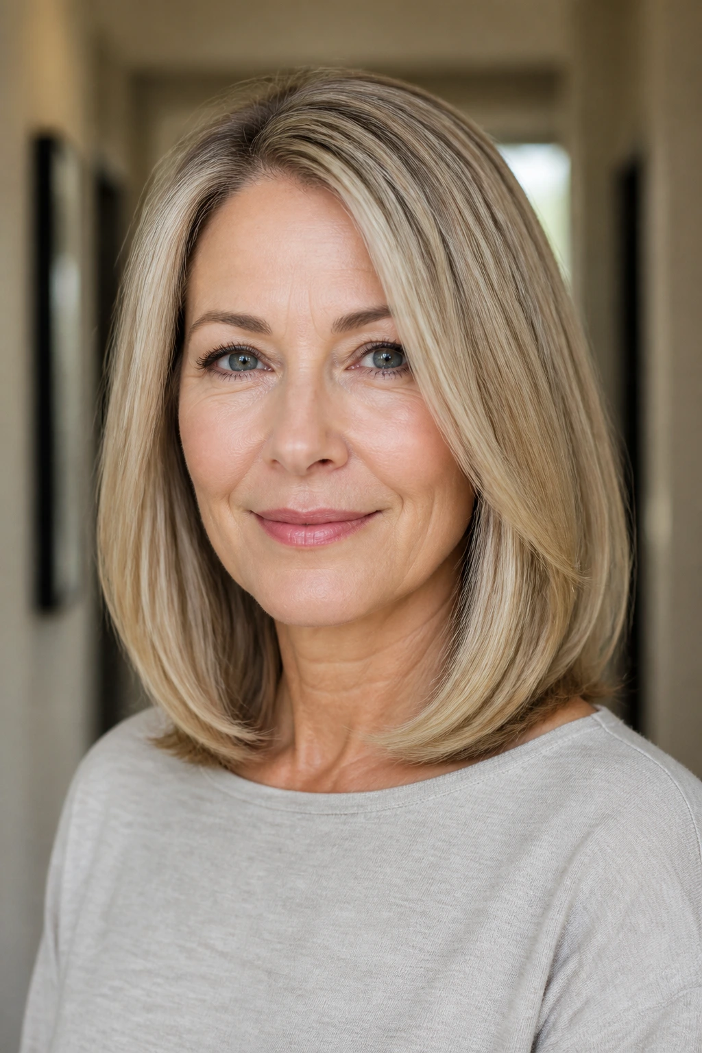 Head-and-shoulders portrait of a real woman with a soft blunt shoulder-length blowout