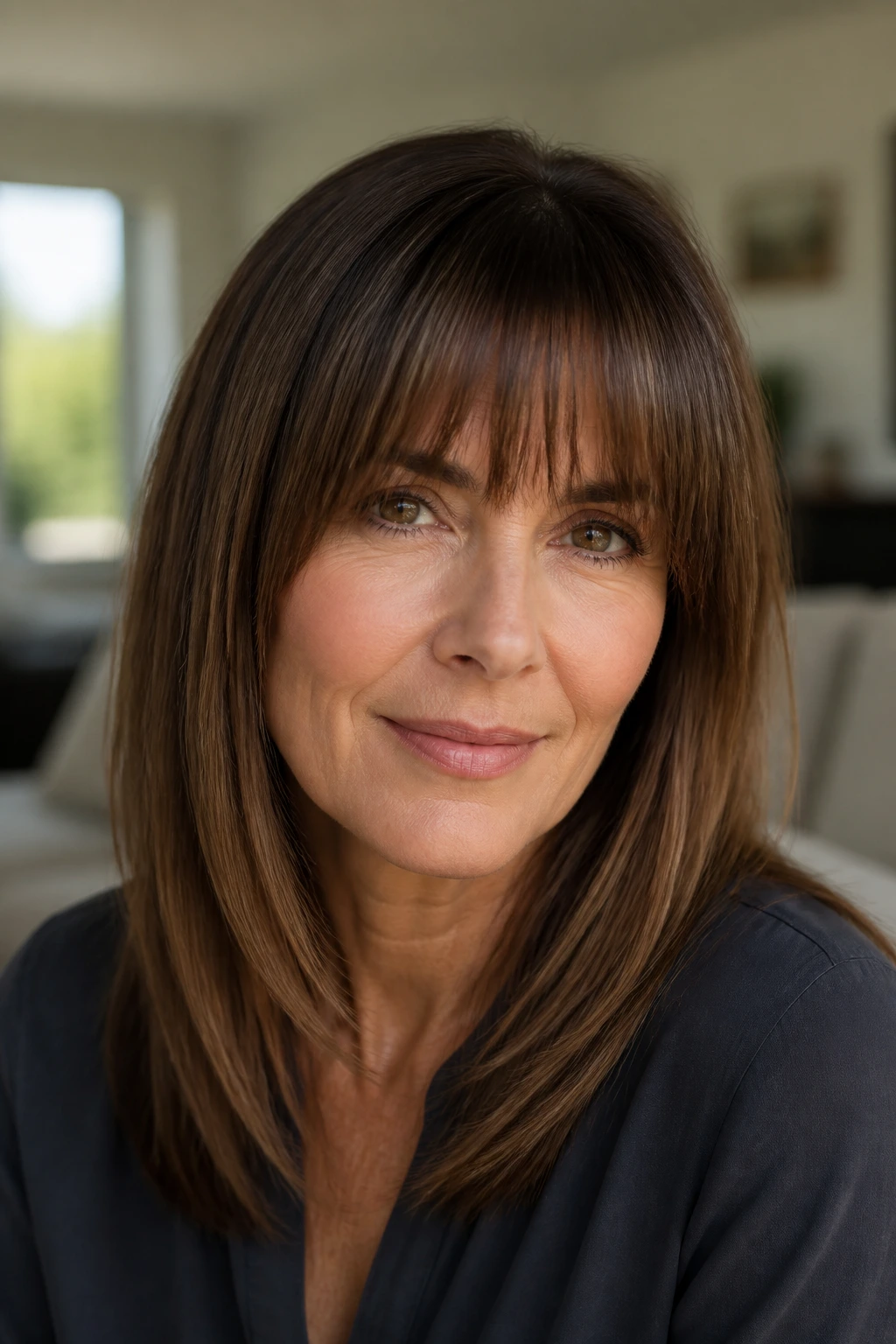 Close-up of a real woman with soft blunt fringe with tapered ends under natural light