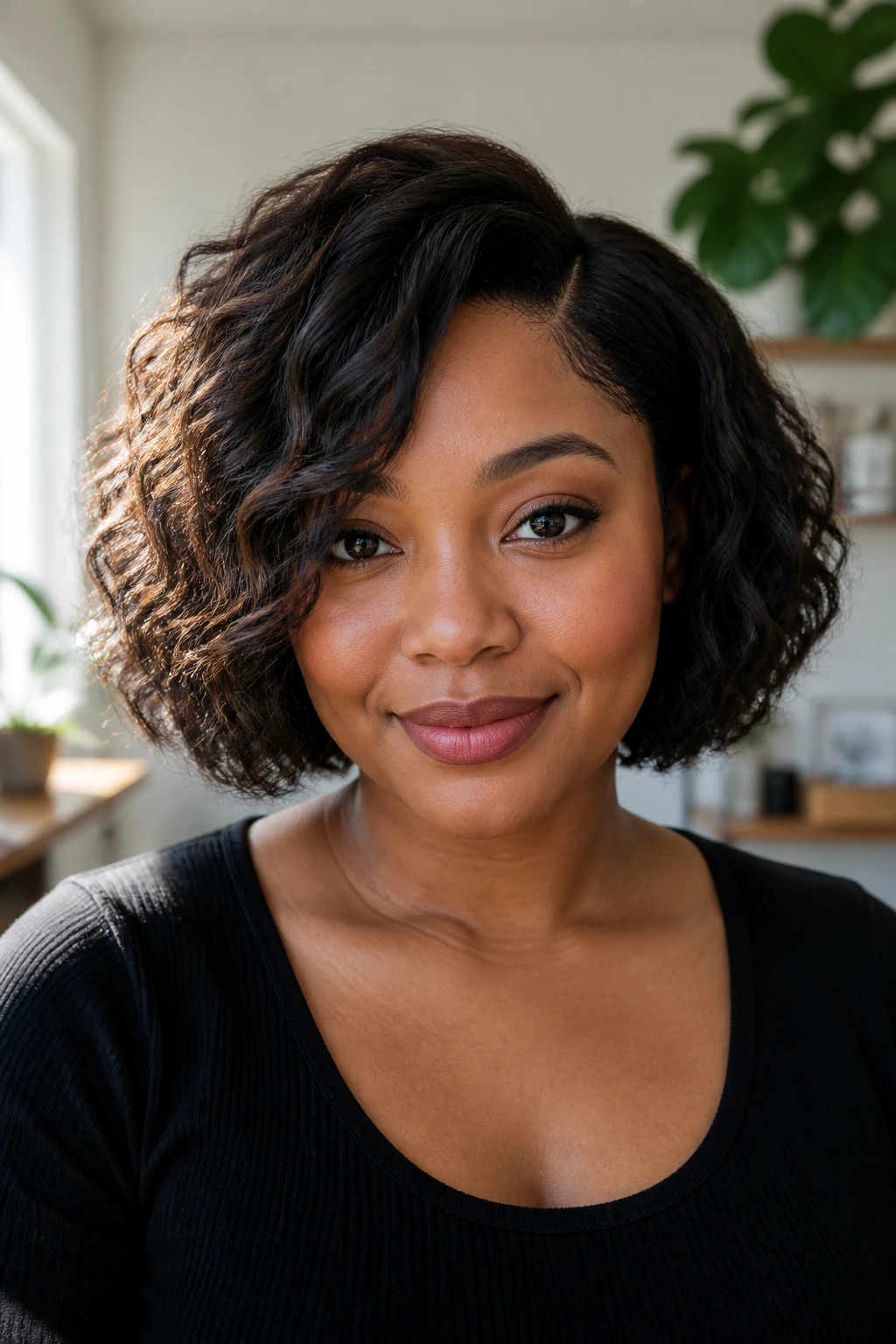 Portrait of a real woman with a soft bob illustrating how soft bobs flatter round faces