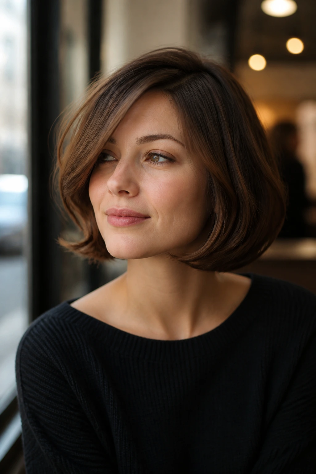 Close-up portrait of a person with a softly curved bob and side part in stylish setting