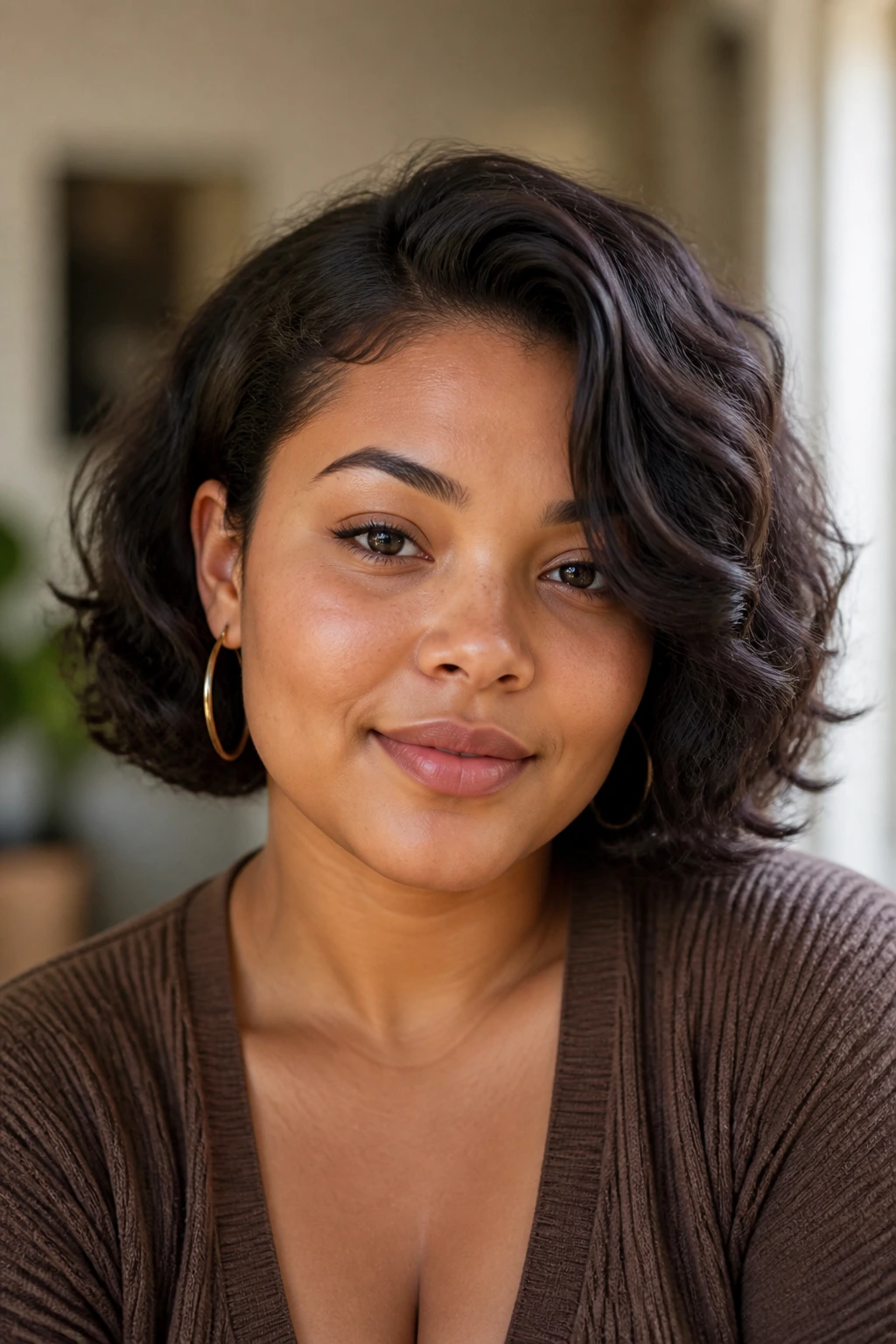 Close-up portrait of a real woman with a soft bob that falls below the jaw and soft curved ends