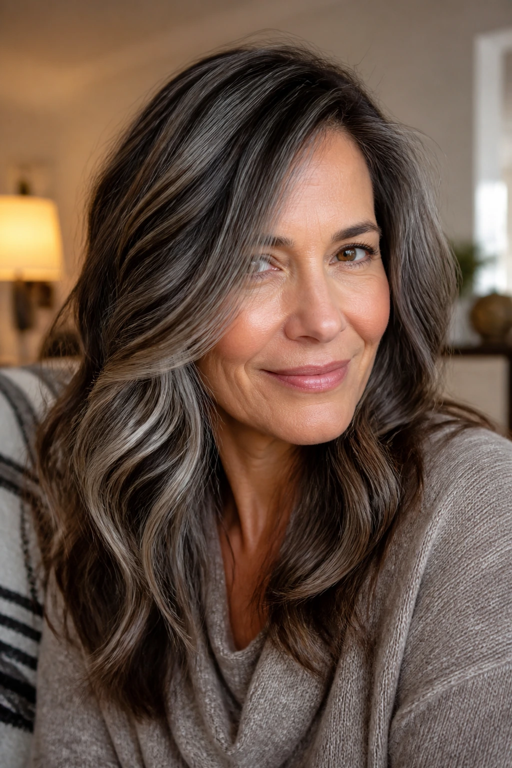 Portrait of a woman with movement in grey brunette hair and balanced highlights.