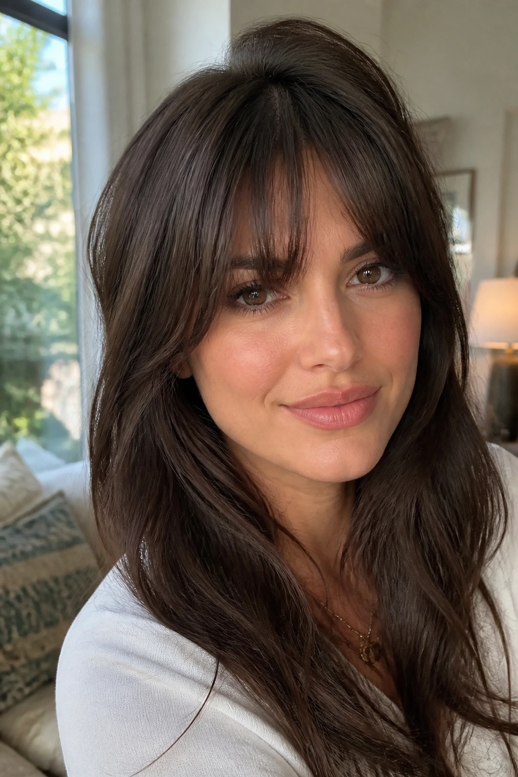 Close-up portrait of a real woman with soft bottleneck bangs and crown volume in natural light