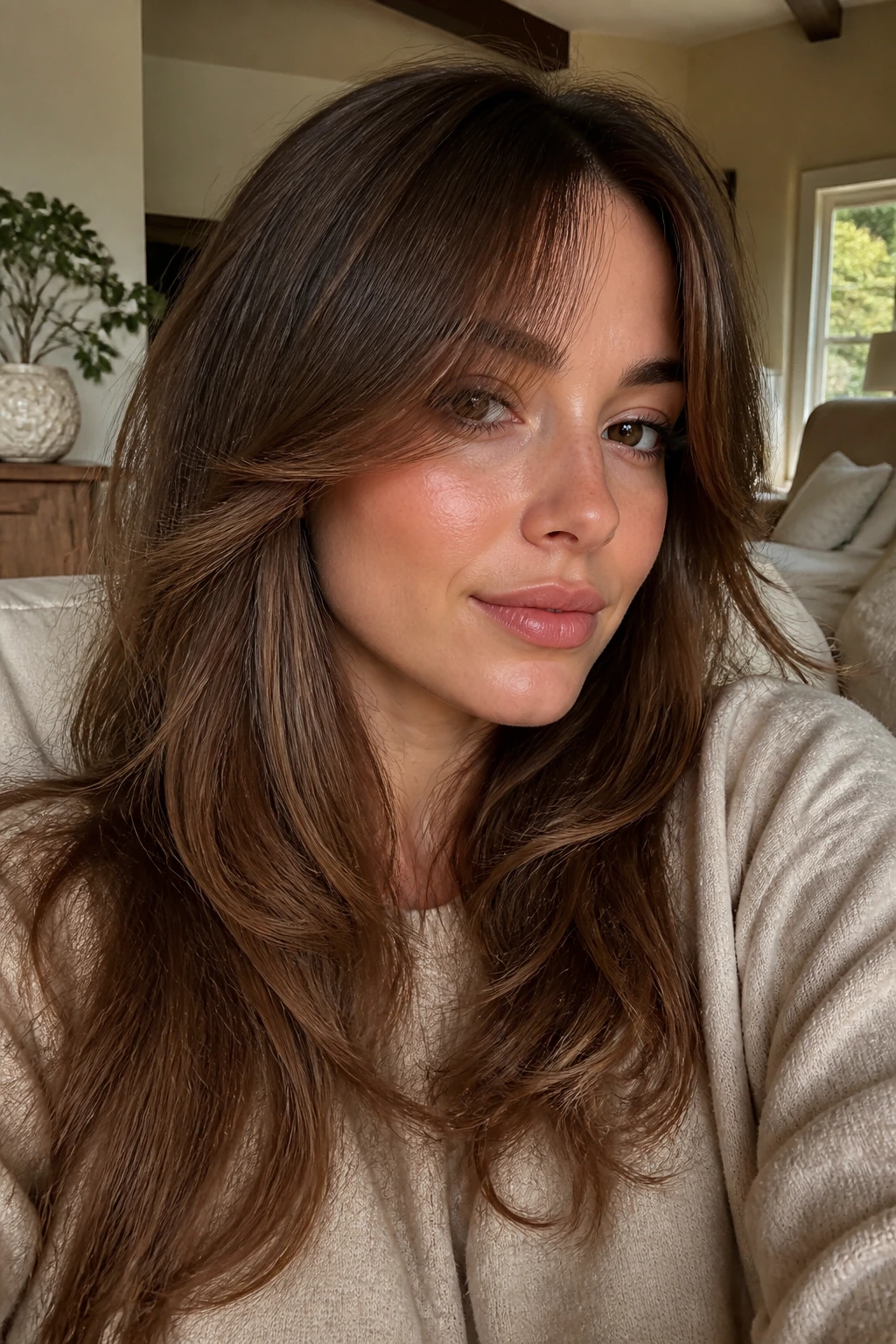 Close-up portrait of a woman with soft bottleneck flip fringe in warm daylight