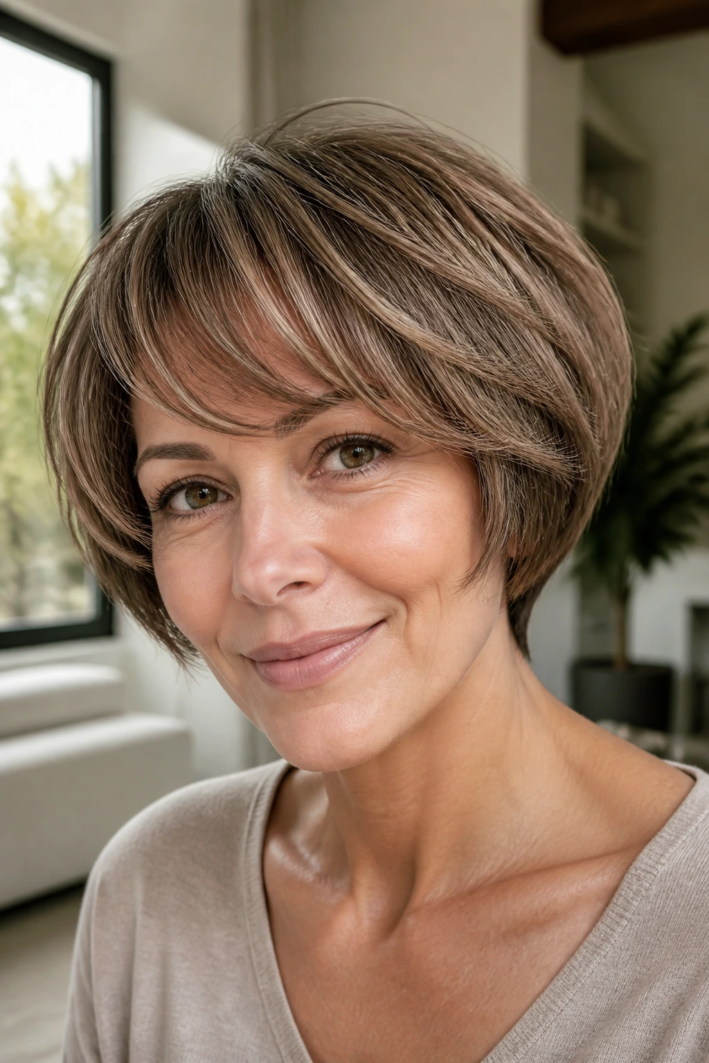 Close-up of a real woman with a soft bowl bob and airy layers in natural light