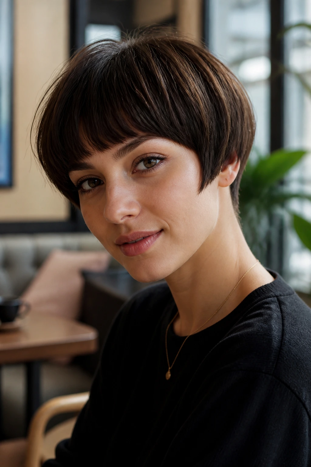 Close-up of real person with soft bowl cut angled perimeter framing face.