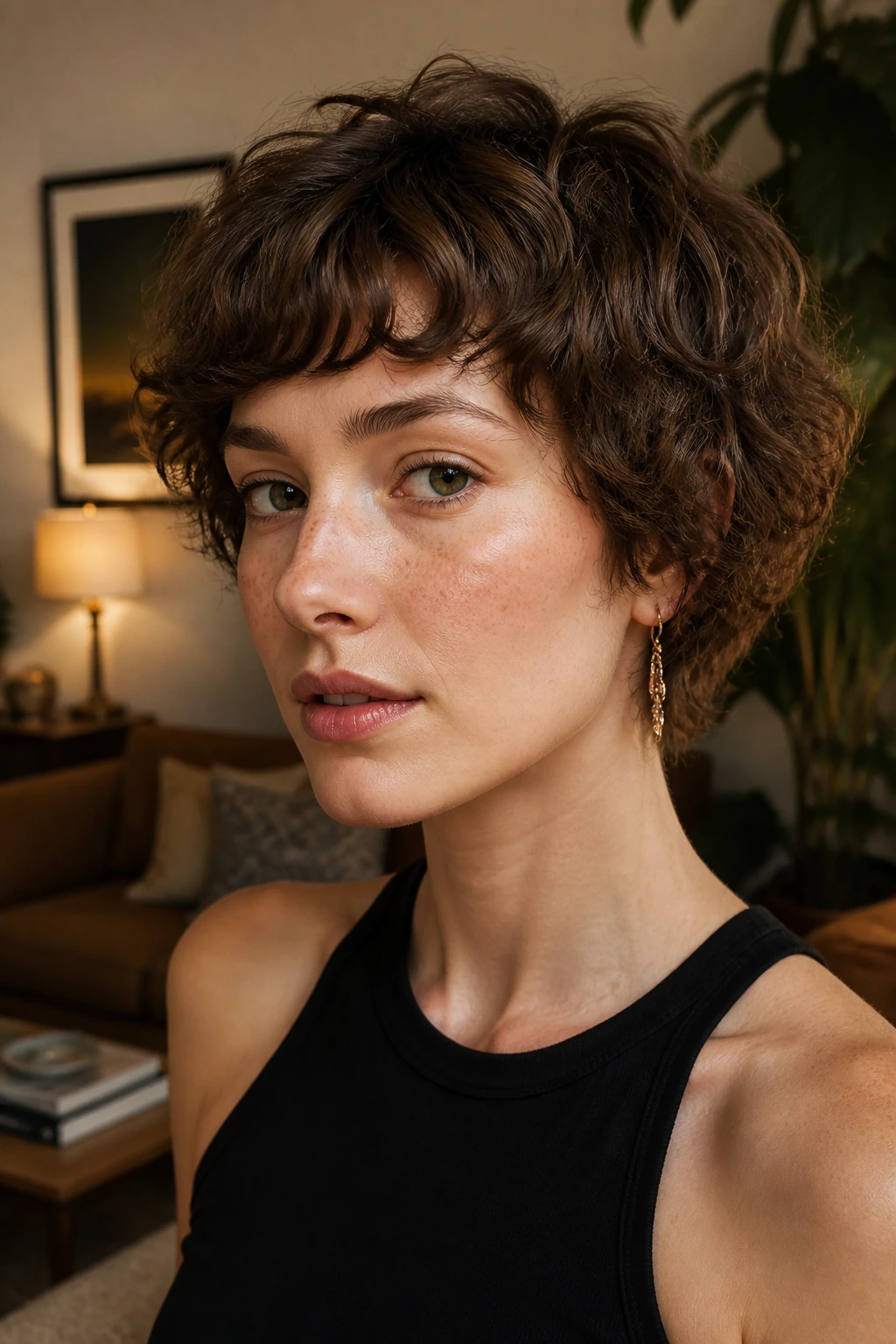 Real person with soft bowl cut close-up portrait.