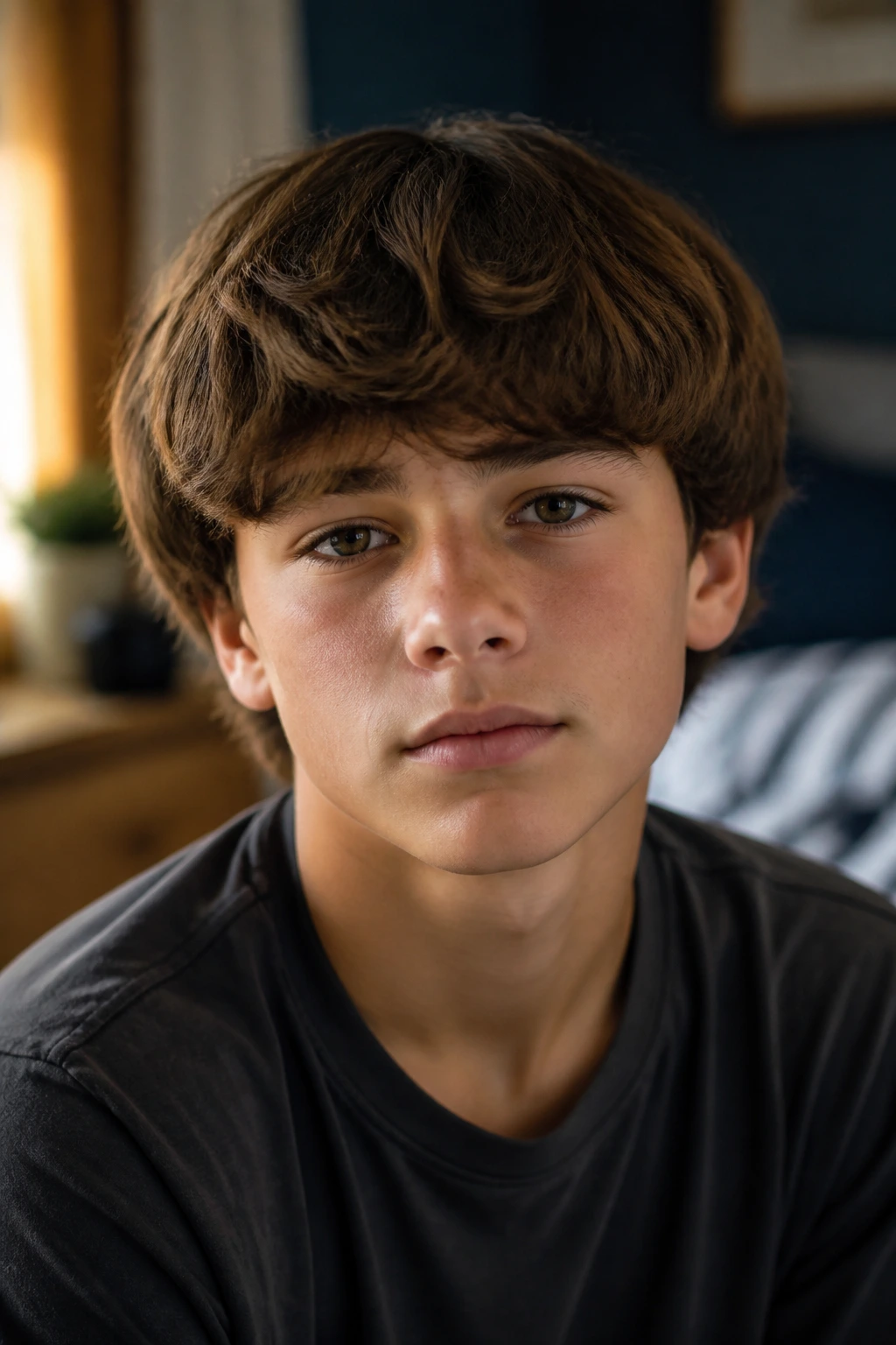 Close-up portrait of a real boy with a soft bowl cut and feathered edges in warm room light