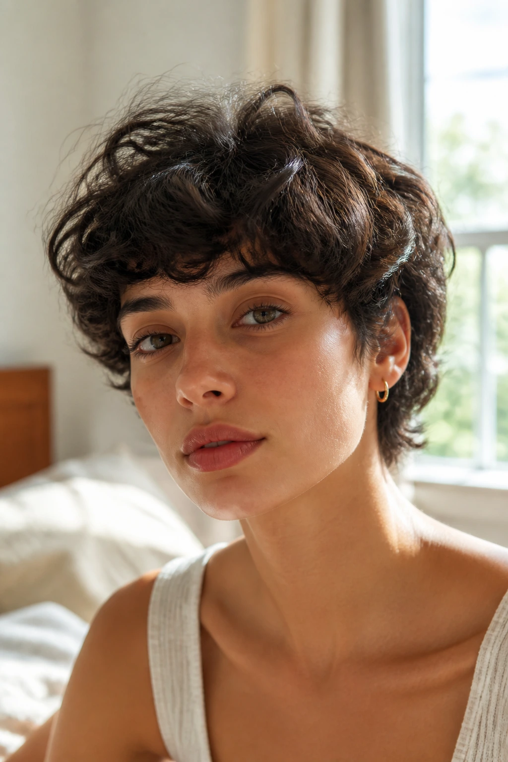 Close-up portrait of a real woman with a soft bowl cut on thick curls.