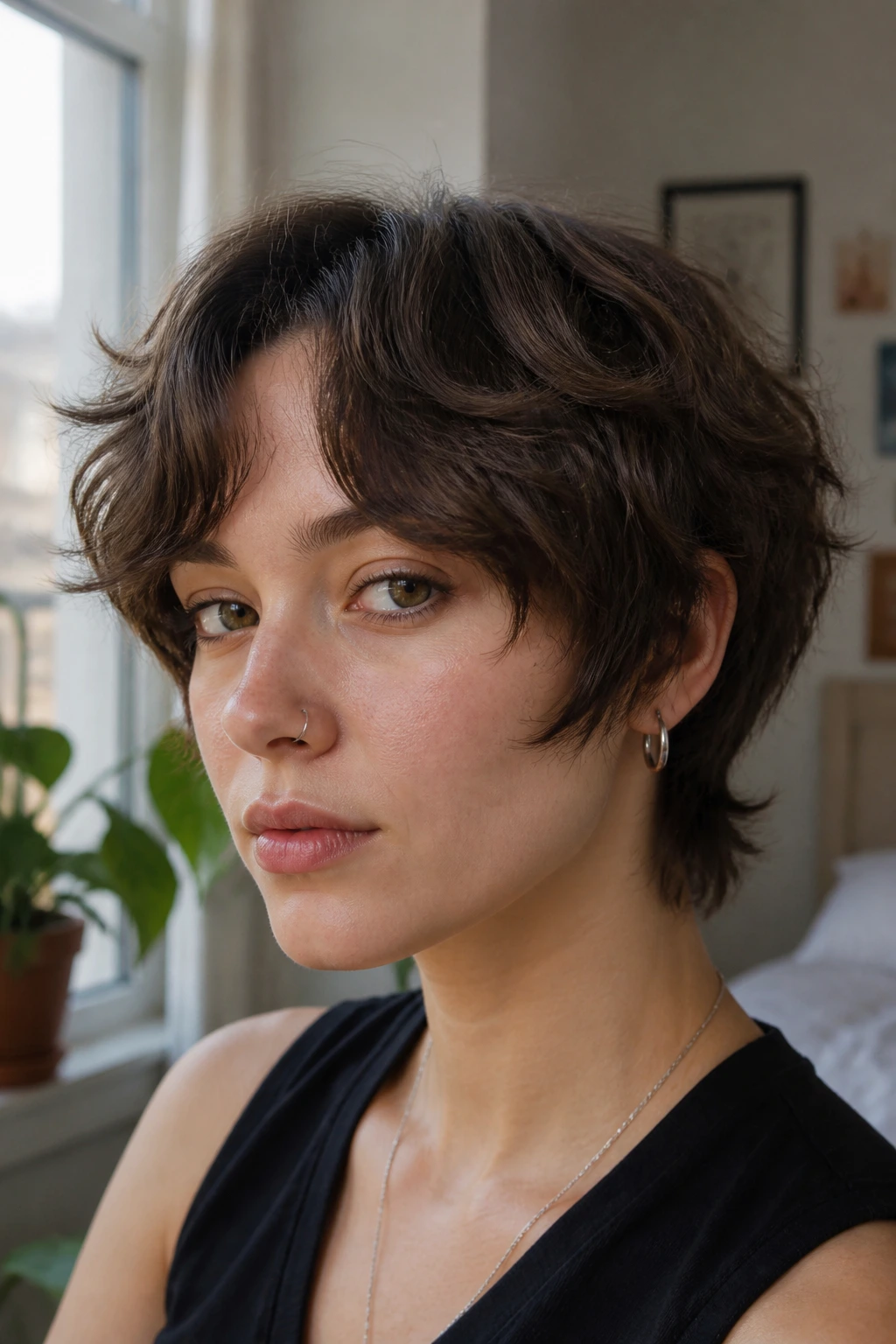 Close-up portrait of a real person with soft bowl-shag and curtain bangs in natural light.