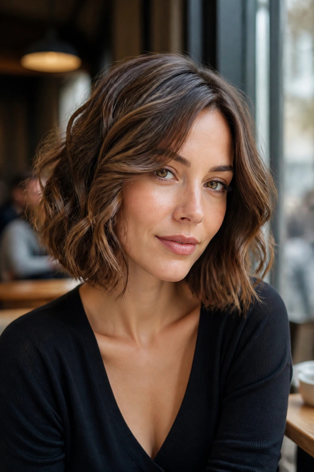 Close-up portrait of a real woman in a soft box bob with rounded jawlines and off-center part