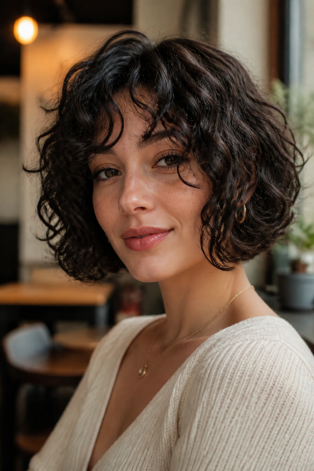 Close-up of a real woman with a soft box bob and rounded corners