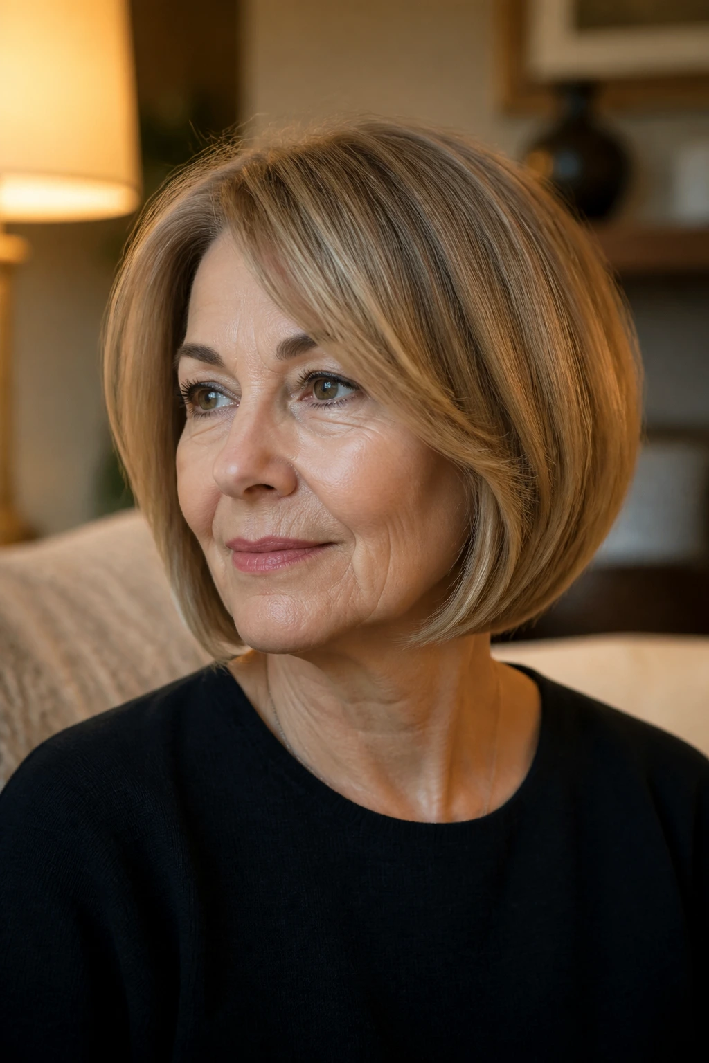 Portrait of a real woman with a soft box bob in a warm living room setting.
